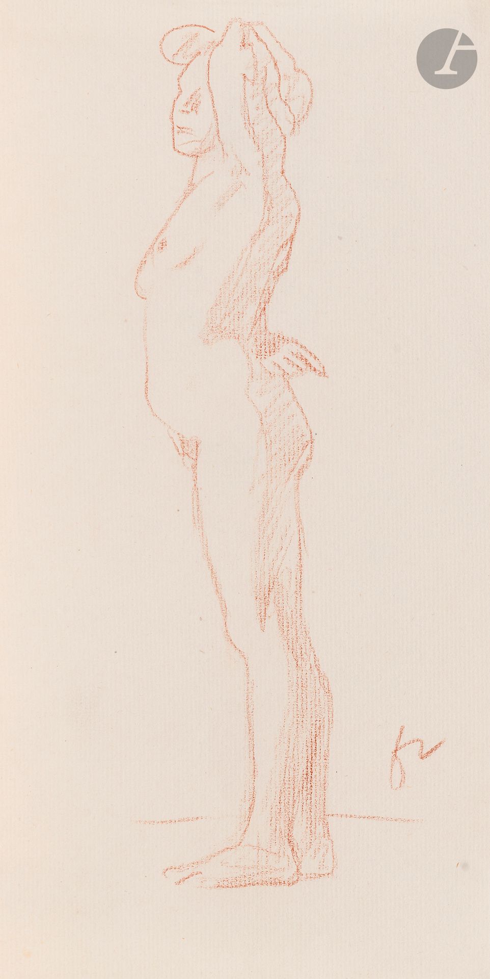Félix VALLOTTON (1865 - 1925)
Standing nude woman with raised arm
Sanguine on laid paper.
Monogrammed lower right.
27.5 x 14 cm

Provenance
- Gabrielle Vallotton, née Bernheim, wife of Félix Vallotton.
- Madeleine Lecomte du Noüy, née Rodrigues-Henriques, daughter of Gabrielle Vallotton and daughter-in-law of Félix Vallotton. By descent.
- Isabelle Lecasble, née Lecomte du Noüy, daughter of Madeleine Lecomte du Noüy (her stamp on the back). By descent.

We would like to thank Madame Katia Poletti, curator of the Félix Vallotton Foundation, for the information she provided.

The drawings we are presenting come from the collection of Isabelle Lecomte du Noüy and were inherited from her grandmother, Gabrielle Bernheim. Her grandmother, Gabrielle Bernheim, had married the painter Félix Vallotton, a major figure in the Nabis group and a close associate of Édouard Vuillard. 

The set includes numerous nude studies, as well as several preparatory sheets for painted works. These include a study for Femme nue de dos blonde (1907), a study for Femme assise de dos (1915) in the Kunstmuseum Luzern, and a study for the painting Vue d'Avignon (1920). These sheets reveal Vallotton's creative process: the artist explores the attitudes of the figures, sets up the composition and balance of forms, while inscribing color annotations directly on the paper to guide the elaboration of the painting.

This collection, which remained in a family closely linked to Nabism and its representatives, is today a particularly precious testimony. To identify its provenance, a collection stamp bearing Isabelle Lecomte du Noüy's initials has been affixed to the reverse of each drawing.