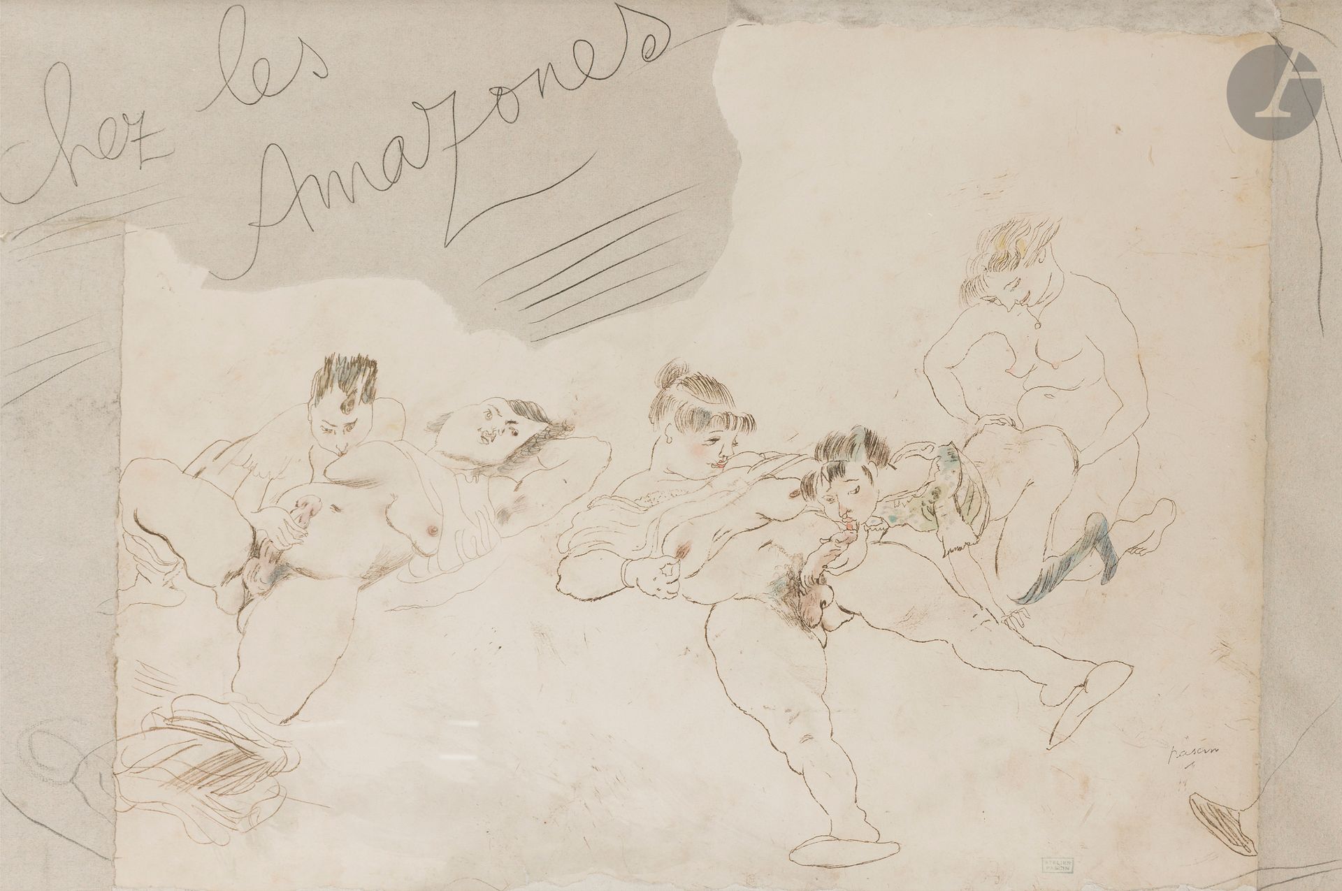 Julius Pincas dit PASCIN (1885 - 1930)
Chez les Amazones, 1928
Encre brune et rehauts d’aquarelle sur papiers blanc et gris.
Cachet d’atelier (Lugt 2014b) et cachet de la signature (Lugt 2014a) en bas à droite.
(Petites rousseurs et taches).
37,5 x 55,5 cm

Bibliographie : 
Pascin. Catalogue raisonné. Dessins, aquarelles, pastels, peintures, dessins érotiques, Paris, Éditions Bibliothèque des Arts, Tome 4, n°1311, reproduit p. 401.