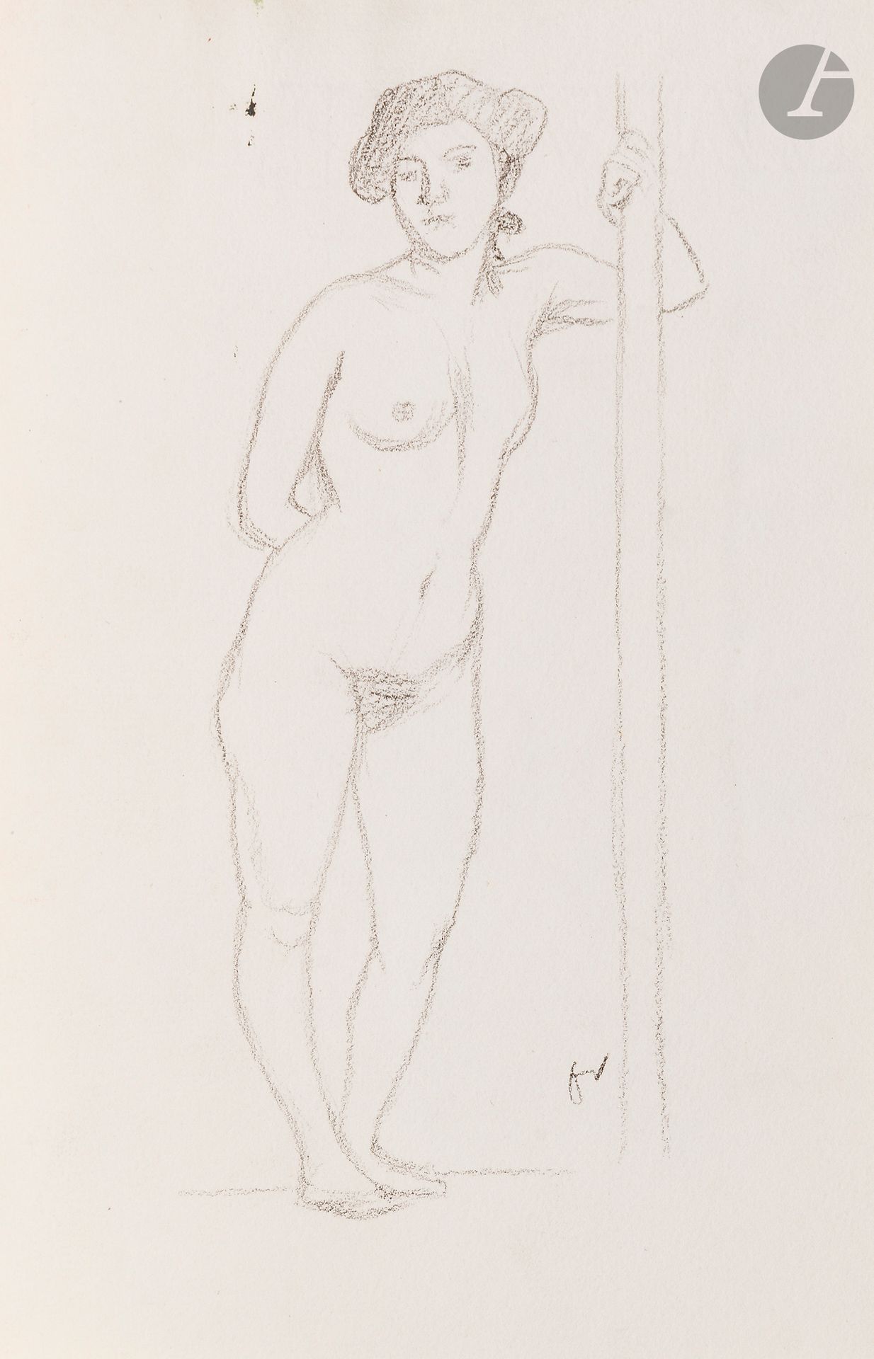 Félix VALLOTTON (1865 - 1925)
Nude woman standing at a post
Black pencil.
Monogrammed lower right.
(Small stains).
22.5 x 15 cm

Provenance:
- Gabrielle Vallotton, née Bernheim, wife of Félix Vallotton.
- Madeleine Lecomte du Noüy, née Rodrigues-Henriques, daughter of Gabrielle Vallotton and daughter-in-law of Félix Vallotton. By descent.
- Isabelle Lecasble, née Lecomte du Noüy, daughter of Madeleine Lecomte du Noüy (her stamp on the back). By descent.

We would like to thank Madame Katia Poletti, curator of the Félix Vallotton Foundation, for the information she provided.

The drawings we are presenting come from the collection of Isabelle Lecomte du Noüy and were inherited from her grandmother, Gabrielle Bernheim. Her grandmother, Gabrielle Bernheim, had married the painter Félix Vallotton, a major figure in the Nabis group and a close associate of Édouard Vuillard. 

The set includes numerous nude studies, as well as several preparatory sheets for painted works. These include a study for Femme nue de dos blonde (1907), a study for Femme assise de dos (1915) in the Kunstmuseum Luzern, and a study for the painting Vue d'Avignon (1920). These sheets reveal Vallotton's creative process: the artist explores the attitudes of the figures, sets up the composition and balance of forms, while inscribing color annotations directly on the paper to guide the elaboration of the painting.

This collection, which remained in a family closely linked to Nabism and its representatives, is today a particularly precious testimony. To identify its provenance, a collection stamp bearing Isabelle Lecomte du Noüy's initials has been affixed to the reverse of each drawing.