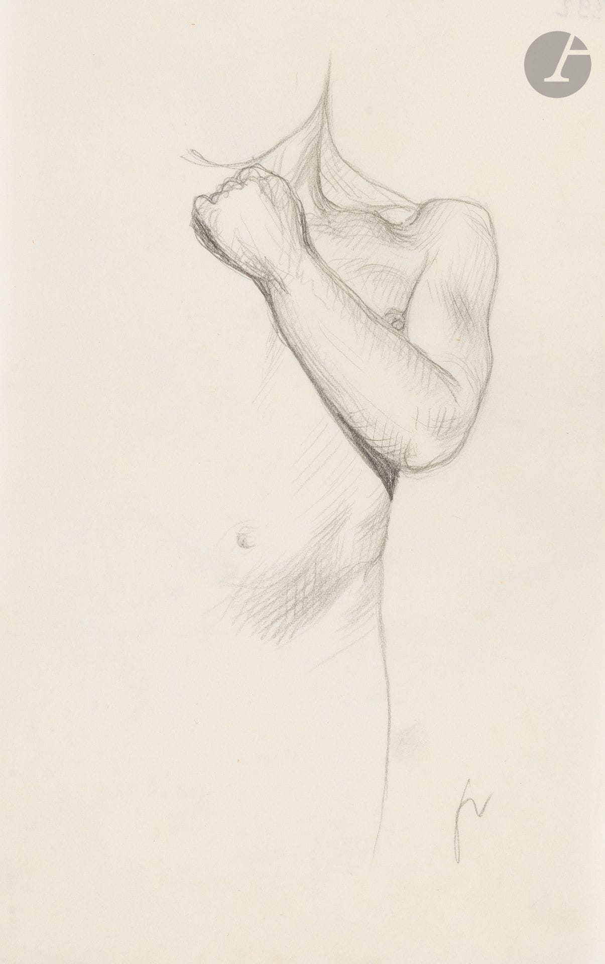 Félix VALLOTTON (1865 - 1925)
Study of a nude man
Graphite.
Monogrammed lower right.
22.5 x 14.5 cm

Provenance
- Gabrielle Vallotton, née Bernheim, wife of Félix Vallotton.
- Madeleine Lecomte du Noüy, née Rodrigues-Henriques, daughter of Gabrielle Vallotton and daughter-in-law of Félix Vallotton. By descent.
- Isabelle Lecasble, née Lecomte du Noüy, daughter of Madeleine Lecomte du Noüy (her stamp on the back). By descent.

We would like to thank Madame Katia Poletti, curator of the Félix Vallotton Foundation, for the information she provided.

The drawings we are presenting come from the collection of Isabelle Lecomte du Noüy and were inherited from her grandmother, Gabrielle Bernheim. Her grandmother, Gabrielle Bernheim, had married the painter Félix Vallotton, a major figure in the Nabis group and a close associate of Édouard Vuillard. 

The set includes numerous nude studies, as well as several preparatory sheets for painted works. These include a study for Femme nue de dos blonde (1907), a study for Femme assise de dos (1915) in the Kunstmuseum Luzern, and a study for the painting Vue d'Avignon (1920). These sheets reveal Vallotton's creative process: the artist explores the attitudes of the figures, sets up the composition and balance of forms, while inscribing color annotations directly on the paper to guide the elaboration of the painting.

This collection, which remained in a family closely linked to Nabism and its representatives, is today a particularly precious testimony. To identify its provenance, a collection stamp bearing Isabelle Lecomte du Noüy's initials has been affixed to the reverse of each drawing.
