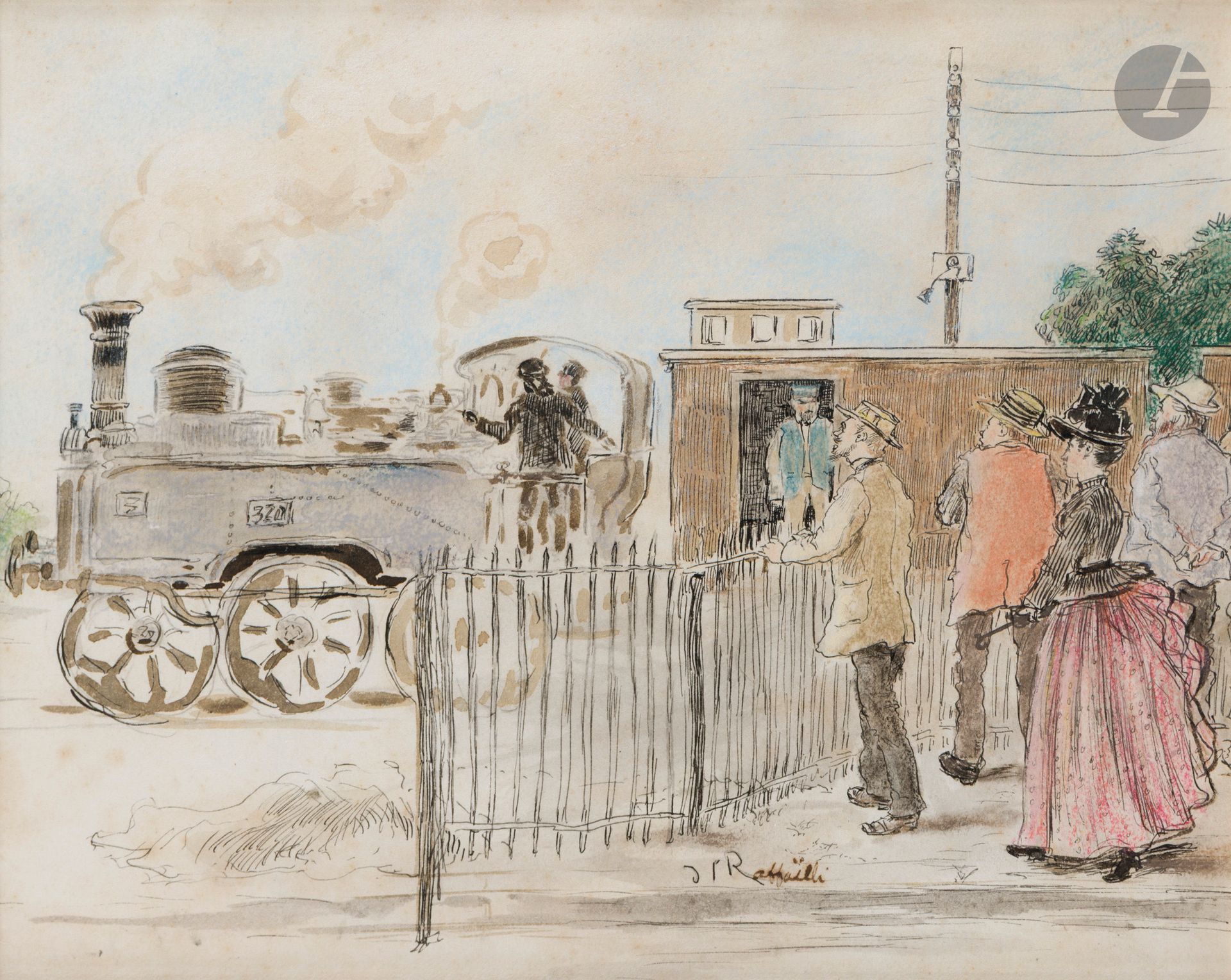 Jean-François RAFFAËLLI (Paris 1850 - 1924)
À la gare
Aquarelle et encre sur traits de crayon.
Signée en bas vers le centre.
(Quelques rousseurs).
19 x 23 cm

Provenance : 
- Vente Christie’s, Londres, 28 septembre 2005, n°219.
- Vente Bonham’s, Londres, 21 mars 2006, n°160.