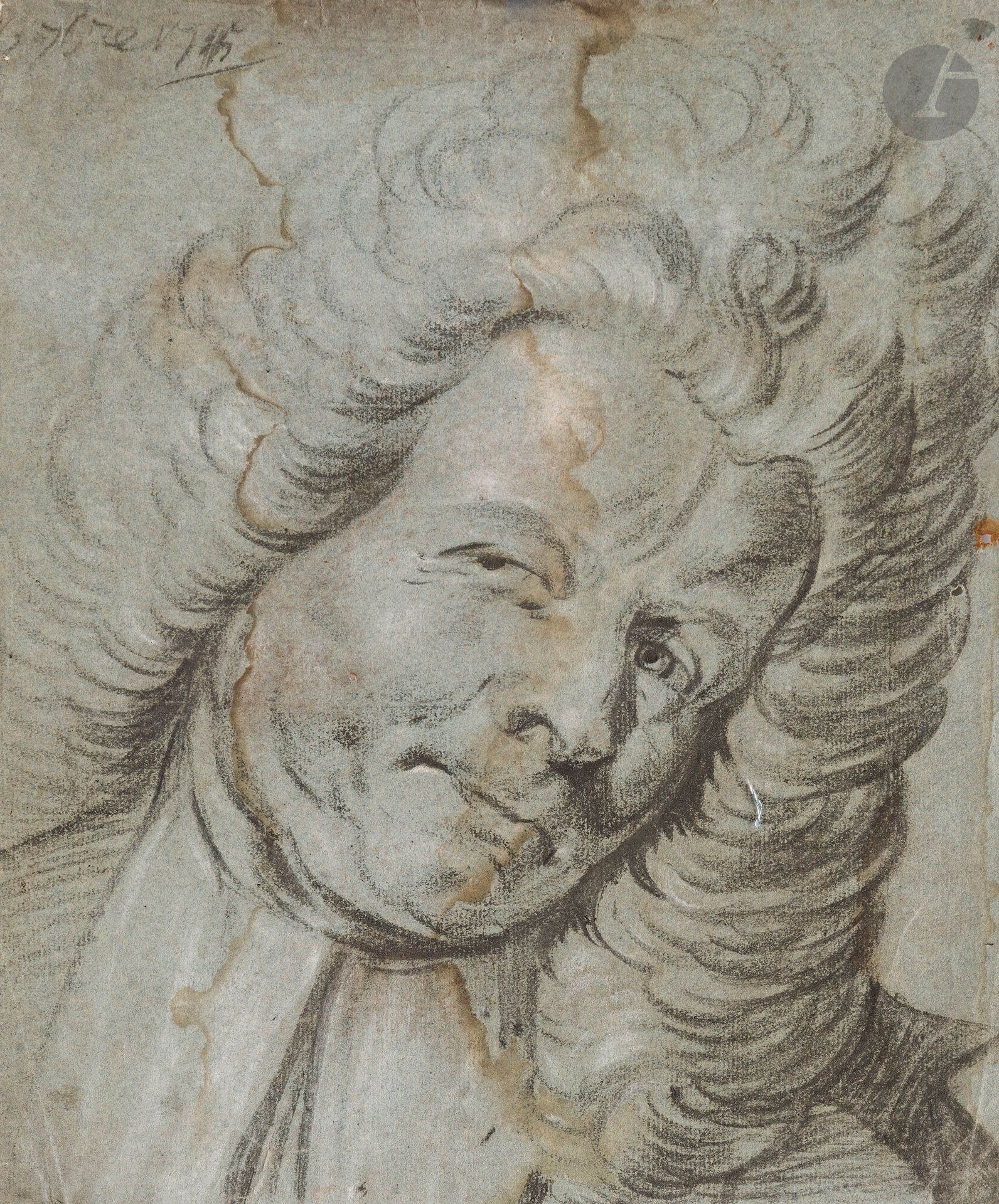 Jan GAREMIJN (Bruges 1712 - 1799)
Tête d’homme à la perruque
Pierre noire et rehauts de craie blanche sur papier anciennement bleu.
Datée en haut à gauche de façon peu lisible 
« 6 sept.. [?] ».
(Traces de mouillures verticales, pliures et taches).
31,8 x 27 cm

Jan Garemijn, très jeune, fut l’élève du sculpteur Rochus Aerts, de Hendrik Pulinx et Lodewijk Roose, tous deux peintres. En 1765, il devint professeur et directeur de l’académie de Bruges, poste qu’il occupa pendant dix ans. Artiste prolifique, il est surtout admiré pour ses qualités de dessinateur. Son style fut fortement influencé par les grands artistes français tels que Boucher, Fragonard et Greuze mais aussi par ses compatriotes Jordaens et Rubens.