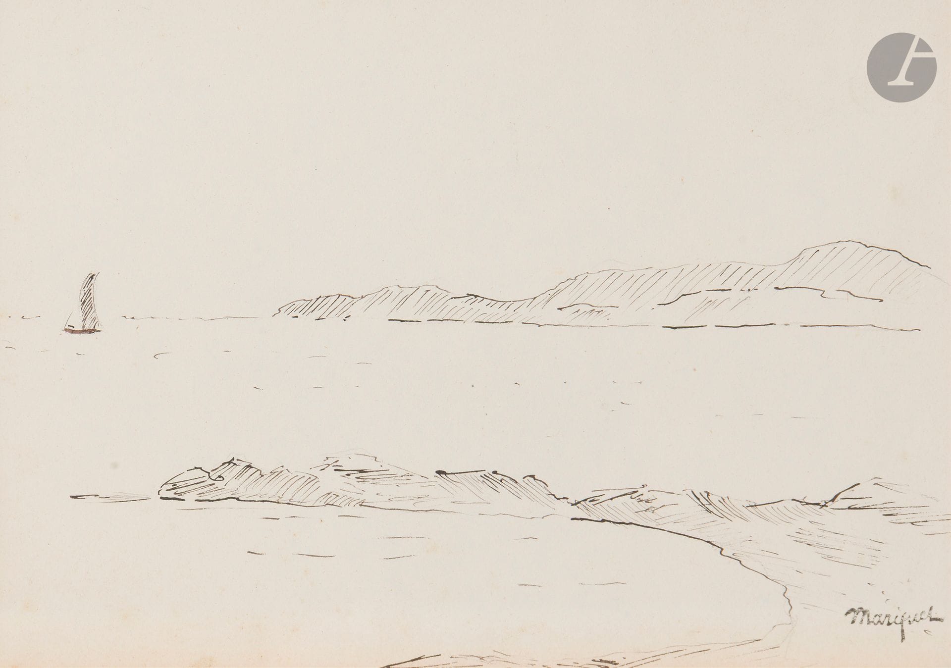 Albert MARQUET (1875 - 1947)
Voilier en bord de mer.
Encre.
Timbre de la signature en bas à droite (Lugt 1796 g).
17 x 24 cm