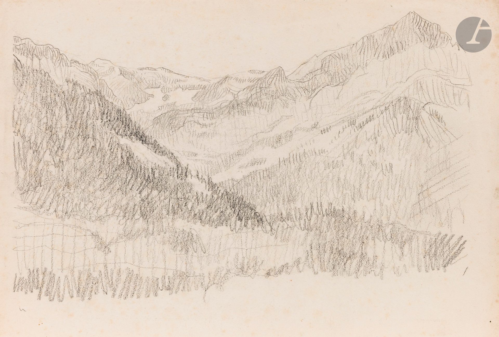 Félix VALLOTTON (1865 - 1925)
Paysage de montagne
Crayon noir et mine de plomb.
Non signé.
(Rousseurs et plis).
23 x 34 cm

Provenance:
- Gabrielle Vallotton, née Bernheim, épouse de Félix Vallotton.
- Madeleine Lecomte du Noüy, née Rodrigues-Henriques, fille de Gabrielle Vallotton et belle-fille de Félix Vallotton. Par descendance.
- Isabelle Lecasble, née Lecomte du Noüy, fille de Madeleine Lecomte du Noüy (son cachet au dos). Par descendance.

Nous remercions Madame Katia Poletti, conservatrice de la Fondation Félix Vallotton pour les informations qu’elle nous a transmises.


Les dessins que nous présentons proviennent de la collection d’Isabelle Lecomte du Noüy et ont été hérités de sa grand-mère, Gabrielle Bernheim. Celle-ci avait épousé en secondes noces le peintre Félix Vallotton, figure majeure du groupe des Nabis et proche d’Édouard Vuillard. 

L’ensemble comprend de nombreuses études de nus, ainsi que plusieurs feuilles préparatoires d’œuvres peintes. Parmi celles-ci figurent notamment une étude pour Femme nue de dos blonde (1907), une étude pour Femme assise de dos (1915) conservé au Kunstmuseum de Luzern, ainsi qu’une étude en relation avec le tableau Vue d’Avignon (1920). Ces feuilles révèlent le processus créatif de Vallotton : l’artiste y explore les attitudes des figures, met en place la composition et l’équilibre des formes, tout en inscrivant directement sur le papier des annotations de couleurs destinées à guider l’élaboration de la peinture.

Cet ensemble, demeuré au sein d’une famille étroitement liée au nabisme et à ses représentants, apparaît aujourd’hui comme un témoignage particulièrement précieux. Afin d’en matérialiser la provenance, un cachet de collection aux initiales d’Isabelle Lecomte du Noüy a été apposé au verso de chacun des dessins.