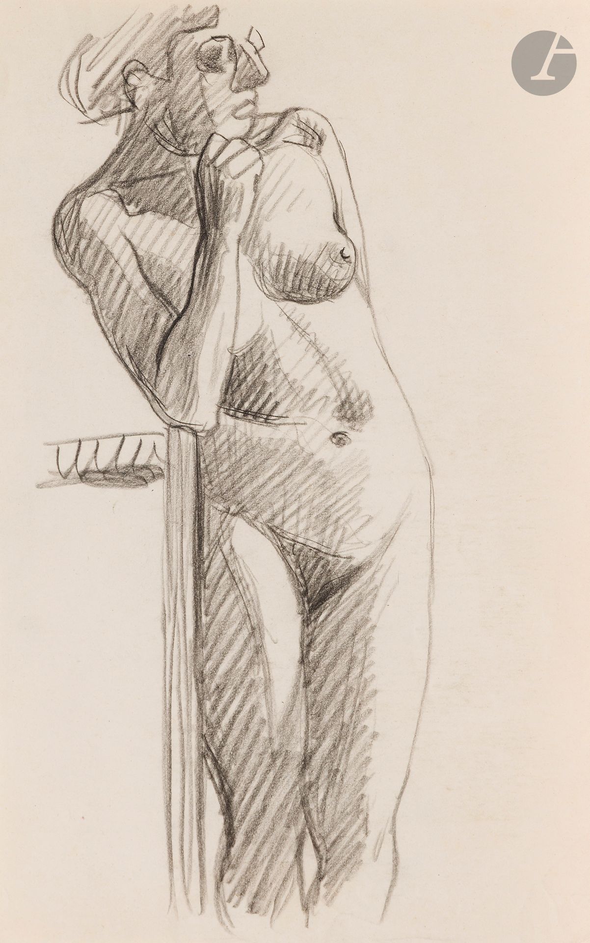 Félix VALLOTTON (1865 - 1925)
Nude woman leaning
Black pencil.
Unsigned.
(Uneven top and left edges).
22 x 14 cm

Provenance:
- Gabrielle Vallotton, née Bernheim, wife of Félix Vallotton.
- Madeleine Lecomte du Noüy, née Rodrigues-Henriques, daughter of Gabrielle Vallotton and daughter-in-law of Félix Vallotton. By descent.
- Isabelle Lecasble, née Lecomte du Noüy, daughter of Madeleine Lecomte du Noüy (her stamp on the back). By descent.

We would like to thank Madame Katia Poletti, curator of the Félix Vallotton Foundation, for the information she provided.

The drawings we are presenting come from the collection of Isabelle Lecomte du Noüy and were inherited from her grandmother, Gabrielle Bernheim. Her grandmother, Gabrielle Bernheim, had married the painter Félix Vallotton, a major figure in the Nabis group and a close associate of Édouard Vuillard. 

The set includes numerous nude studies, as well as several preparatory sheets for painted works. These include a study for Femme nue de dos blonde (1907), a study for Femme assise de dos (1915) in the Kunstmuseum Luzern, and a study for the painting Vue d'Avignon (1920). These sheets reveal Vallotton's creative process: the artist explores the attitudes of the figures, sets up the composition and balance of forms, while inscribing color annotations directly on the paper to guide the elaboration of the painting.

This collection, which remained in a family closely associated with Nabism and its representatives, is today a particularly precious testimony. To identify its provenance, a collection stamp bearing Isabelle Lecomte du Noüy's initials has been affixed to the reverse of each drawing.