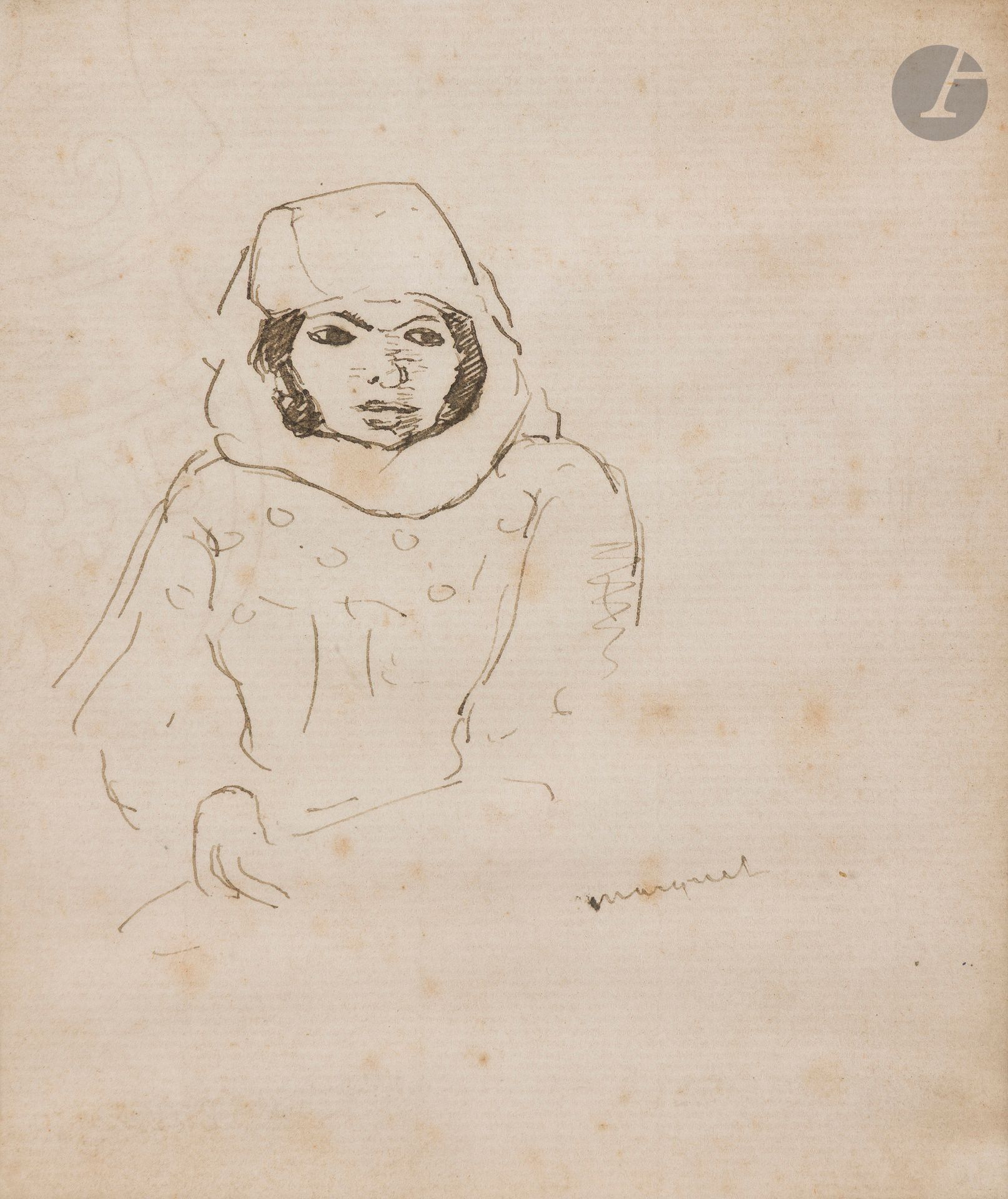 Albert MARQUET (1875 - 1947)
Portrait de femme assise
Encre.
Signée vers le bas à droite.
(Rousseurs).
14 x 12 cm