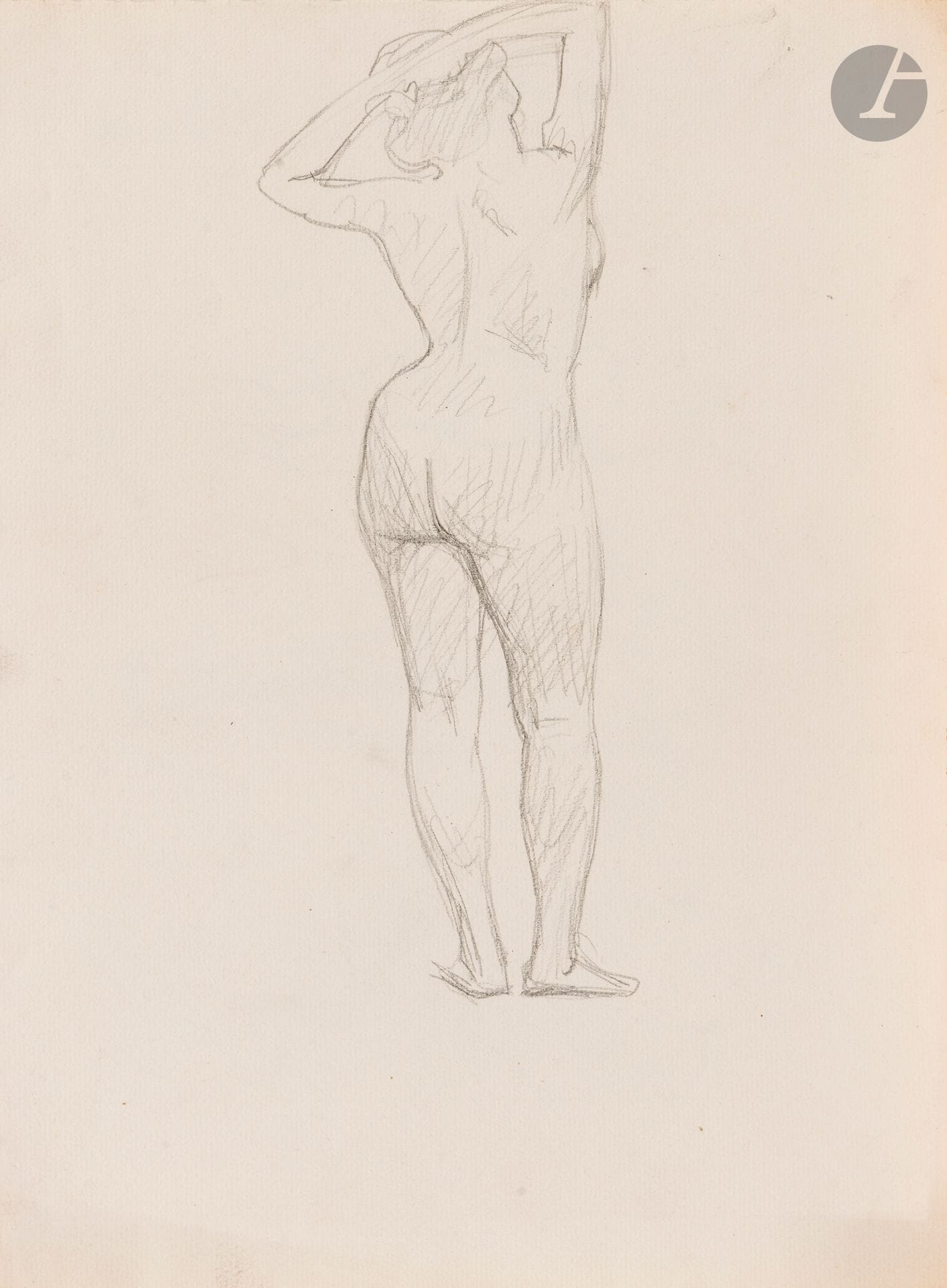 Félix VALLOTTON (1865 - 1925)
Femme nue debout de dos les bras levés
Mine de plomb sur papier vergé.
Non signée.
32 x 23,5 cm

Provenance:
- Gabrielle Vallotton, née Bernheim, épouse de Félix Vallotton.
- Madeleine Lecomte du Noüy, née Rodrigues-Henriques, fille de Gabrielle Vallotton et belle-fille de Félix Vallotton. Par descendance.
- Isabelle Lecasble, née Lecomte du Noüy, fille de Madeleine Lecomte du Noüy (son cachet au dos). Par descendance.

Nous remercions Madame Katia Poletti, conservatrice de la Fondation Félix Vallotton pour les informations qu’elle nous a transmises.

Les dessins que nous présentons proviennent de la collection d’Isabelle Lecomte du Noüy et ont été hérités de sa grand-mère, Gabrielle Bernheim. Celle-ci avait épousé en secondes noces le peintre Félix Vallotton, figure majeure du groupe des Nabis et proche d’Édouard Vuillard. 

L’ensemble comprend de nombreuses études de nus, ainsi que plusieurs feuilles préparatoires d’œuvres peintes. Parmi celles-ci figurent notamment une étude pour Femme nue de dos blonde (1907), une étude pour Femme assise de dos (1915) conservé au Kunstmuseum de Luzern, ainsi qu’une étude en relation avec le tableau Vue d’Avignon (1920). Ces feuilles révèlent le processus créatif de Vallotton : l’artiste y explore les attitudes des figures, met en place la composition et l’équilibre des formes, tout en inscrivant directement sur le papier des annotations de couleurs destinées à guider l’élaboration de la peinture.

Cet ensemble, demeuré au sein d’une famille étroitement liée au nabisme et à ses représentants, apparaît aujourd’hui comme un témoignage particulièrement précieux. Afin d’en matérialiser la provenance, un cachet de collection aux initiales d’Isabelle Lecomte du Noüy a été apposé au verso de chacun des dessins.
