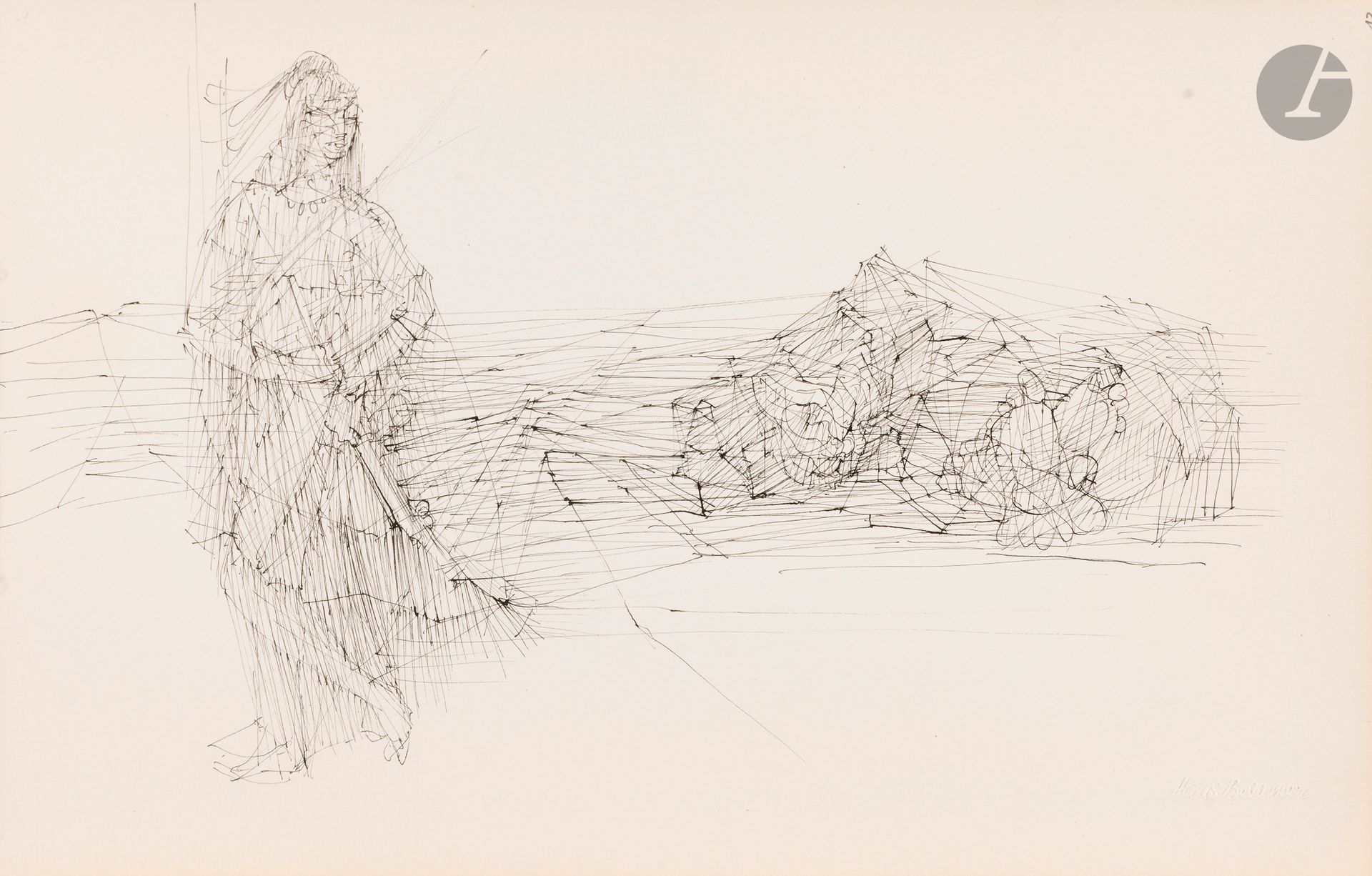 Hans BELLMER (1902 - 1975)
Femme dans un paysage, vers 1958-62
Encre sur page de carnet.
Timbre sec de l’atelier en bas à droite.
18 x 27,5 cm

Provenance : 
Collection Bihl-Bellmer, famille de l’artiste.