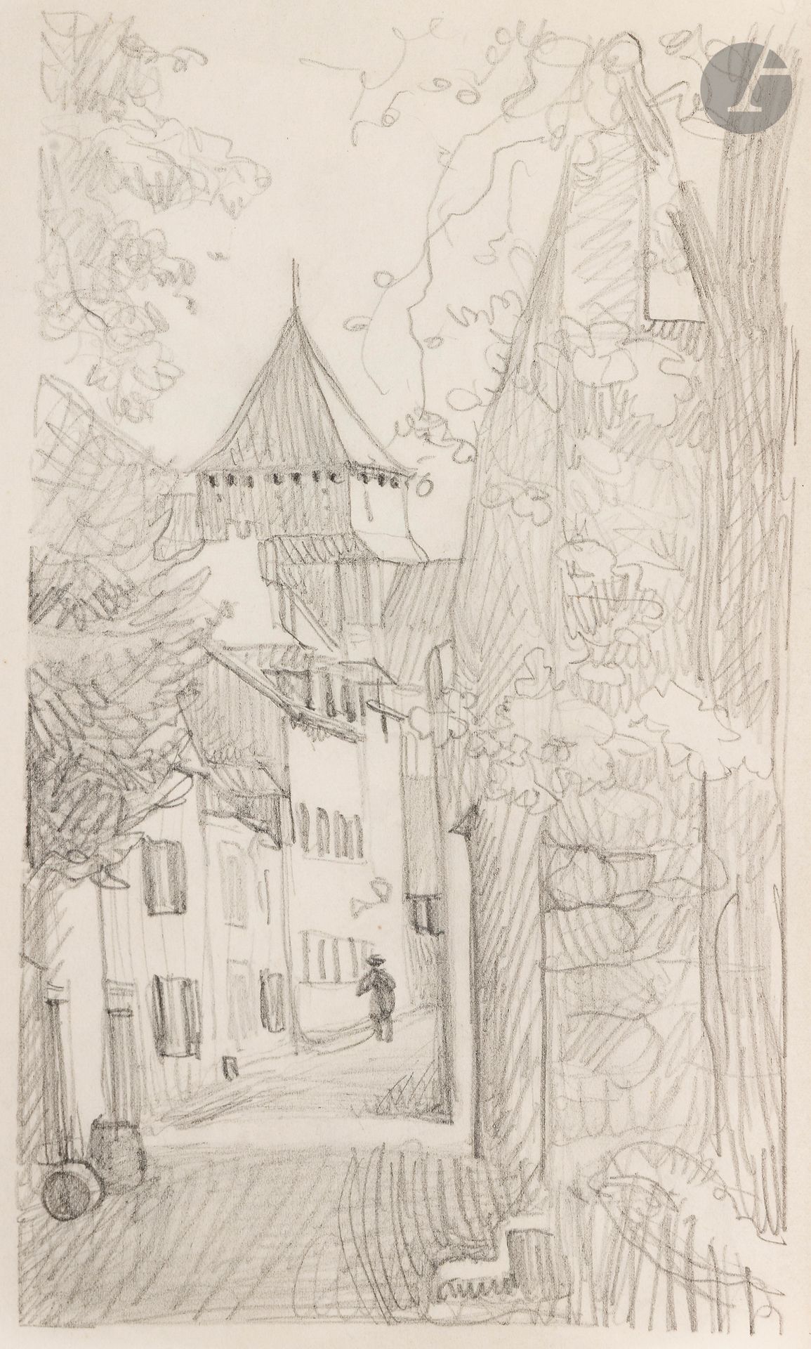 Félix VALLOTTON (1865 - 1925)
Rue de village animée
Mine de plomb et estompe.
Non signée.
22,5 x 14,5 cm

Provenance:
- Gabrielle Vallotton, née Bernheim, épouse de Félix Vallotton.
- Madeleine Lecomte du Noüy, née Rodrigues-Henriques, fille de Gabrielle Vallotton et belle-fille de Félix Vallotton. Par descendance.
- Isabelle Lecasble, née Lecomte du Noüy, fille de Madeleine Lecomte du Noüy (son cachet au dos). Par descendance.

Nous remercions Madame Katia Poletti, conservatrice de la Fondation Félix Vallotton pour les informations qu’elle nous a transmises.


Les dessins que nous présentons proviennent de la collection d’Isabelle Lecomte du Noüy et ont été hérités de sa grand-mère, Gabrielle Bernheim. Celle-ci avait épousé en secondes noces le peintre Félix Vallotton, figure majeure du groupe des Nabis et proche d’Édouard Vuillard. 

L’ensemble comprend de nombreuses études de nus, ainsi que plusieurs feuilles préparatoires d’œuvres peintes. Parmi celles-ci figurent notamment une étude pour Femme nue de dos blonde (1907), une étude pour Femme assise de dos (1915) conservé au Kunstmuseum de Luzern, ainsi qu’une étude en relation avec le tableau Vue d’Avignon (1920). Ces feuilles révèlent le processus créatif de Vallotton : l’artiste y explore les attitudes des figures, met en place la composition et l’équilibre des formes, tout en inscrivant directement sur le papier des annotations de couleurs destinées à guider l’élaboration de la peinture.

Cet ensemble, demeuré au sein d’une famille étroitement liée au nabisme et à ses représentants, apparaît aujourd’hui comme un témoignage particulièrement précieux. Afin d’en matérialiser la provenance, un cachet de collection aux initiales d’Isabelle Lecomte du Noüy a été apposé au verso de chacun des dessins.