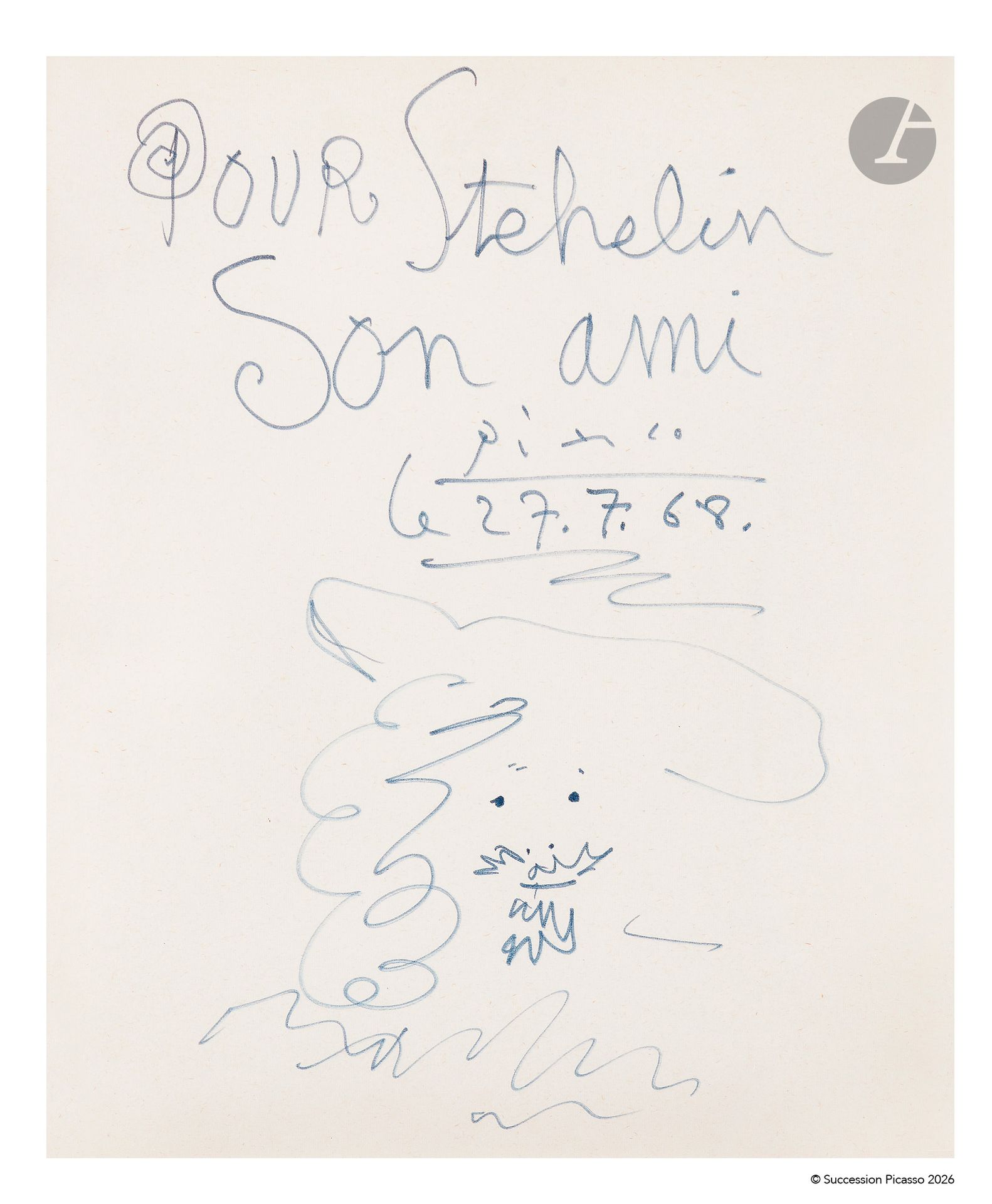 Pablo PICASSO (1881 - 1973)
Tête de mousquetaire, 1968
Feutre bleu.
Signé, daté et dédicacé « Pour Stehelin, son ami » en tête.
28 x 23,5 cm

Provenance : 
Galerie Dominique Bert, Paris.

Un certificat de Claude Ruiz Picasso, en date du 20 juillet 2015, sera remis à l’acquéreur.