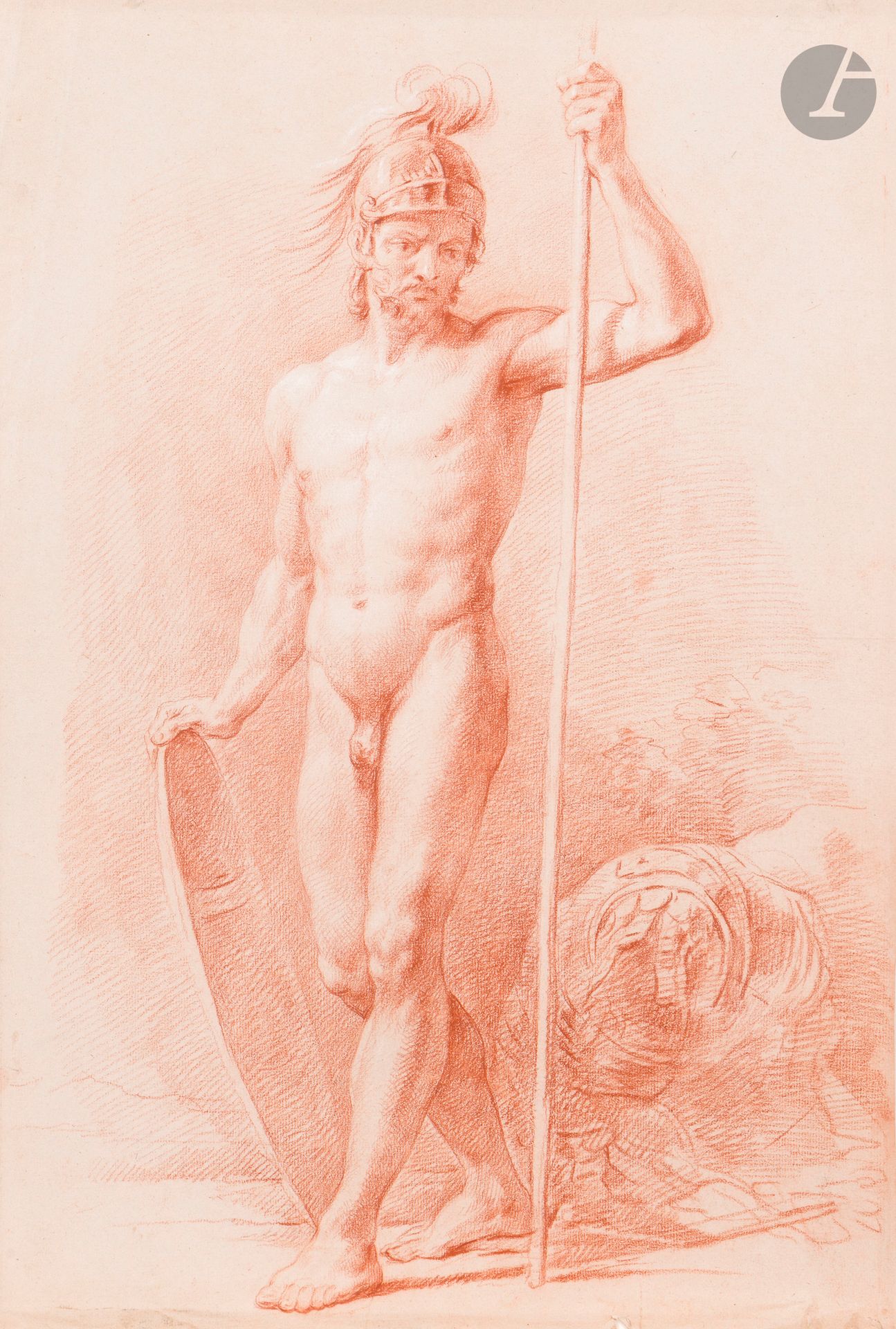 18th century ITALIAN COLLECTION
Academy of a man as a warrior
Sanguine and white chalk.
Watermark R. Romani on the paper.
(Folds and tears along the edges). 
56 x 38 cm