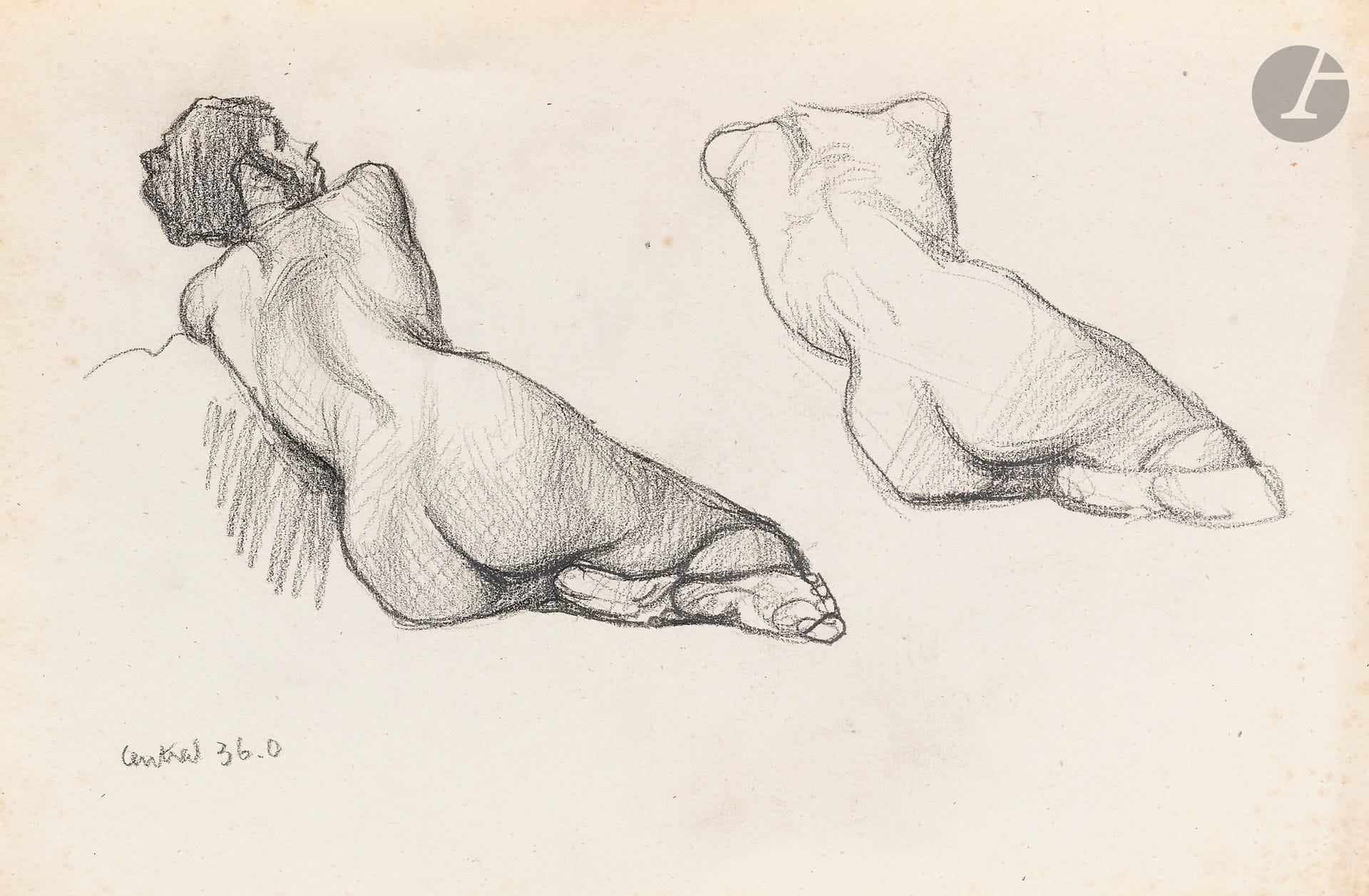 Félix VALLOTTON (1865 - 1925)
Study of a nude woman from behind
Black pencil.
Unsigned.
Annotated lower left: "Central 36.0". 
(Traces of oxidation and foxing).
23 x 34.5 cm

Provenance
- Gabrielle Vallotton, née Bernheim, wife of Félix Vallotton.
- Madeleine Lecomte du Noüy, née Rodrigues-Henriques, daughter of Gabrielle Vallotton and daughter-in-law of Félix Vallotton. By descent.
- Isabelle Lecasble, née Lecomte du Noüy, daughter of Madeleine Lecomte du Noüy (her stamp on the back). By descent.

We would like to thank Madame Katia Poletti, curator of the Félix Vallotton Foundation, for the information she provided.

This could be a study of Femme nue de dos, 1917, reproduced in Marina Ducrey, with the collaboration of Katia Poletti, Félix Vallotton (1865-1925), L'oeuvre peint, Volume III, Lausanne, Fondation Félix Vallotton, Lausanne/Zurich, Institut suisse pour l'étude de l'art (Catalogues raisonnés d'artistes suisses 22), Milan, 5 Continents Éditions, 2005, n°1164, p.652. 

The drawings presented here come from the collection of Isabelle Lecomte du Noüy, and were inherited from her grandmother, Gabrielle Bernheim. In her second marriage, she had married the painter Félix Vallotton, a major figure in the Nabis group and a close associate of Édouard Vuillard. 

The set includes numerous nude studies, as well as several preparatory sheets for painted works. These include a study for Femme nue de dos blonde (1907), a study for Femme assise de dos (1915) in the Kunstmuseum Luzern, and a study for the painting Vue d'Avignon (1920). These sheets reveal Vallotton's creative process: the artist explores the attitudes of the figures, sets up the composition and balance of forms, while inscribing color annotations directly on the paper to guide the elaboration of the painting.

This group of works, which remained in a family closely linked to Nabism and its representatives, is today a particularly precious testimony. To identify its provenance, a collection stamp bearing Isabelle Lecomte du Noüy's initials has been affixed to the reverse of each drawing.