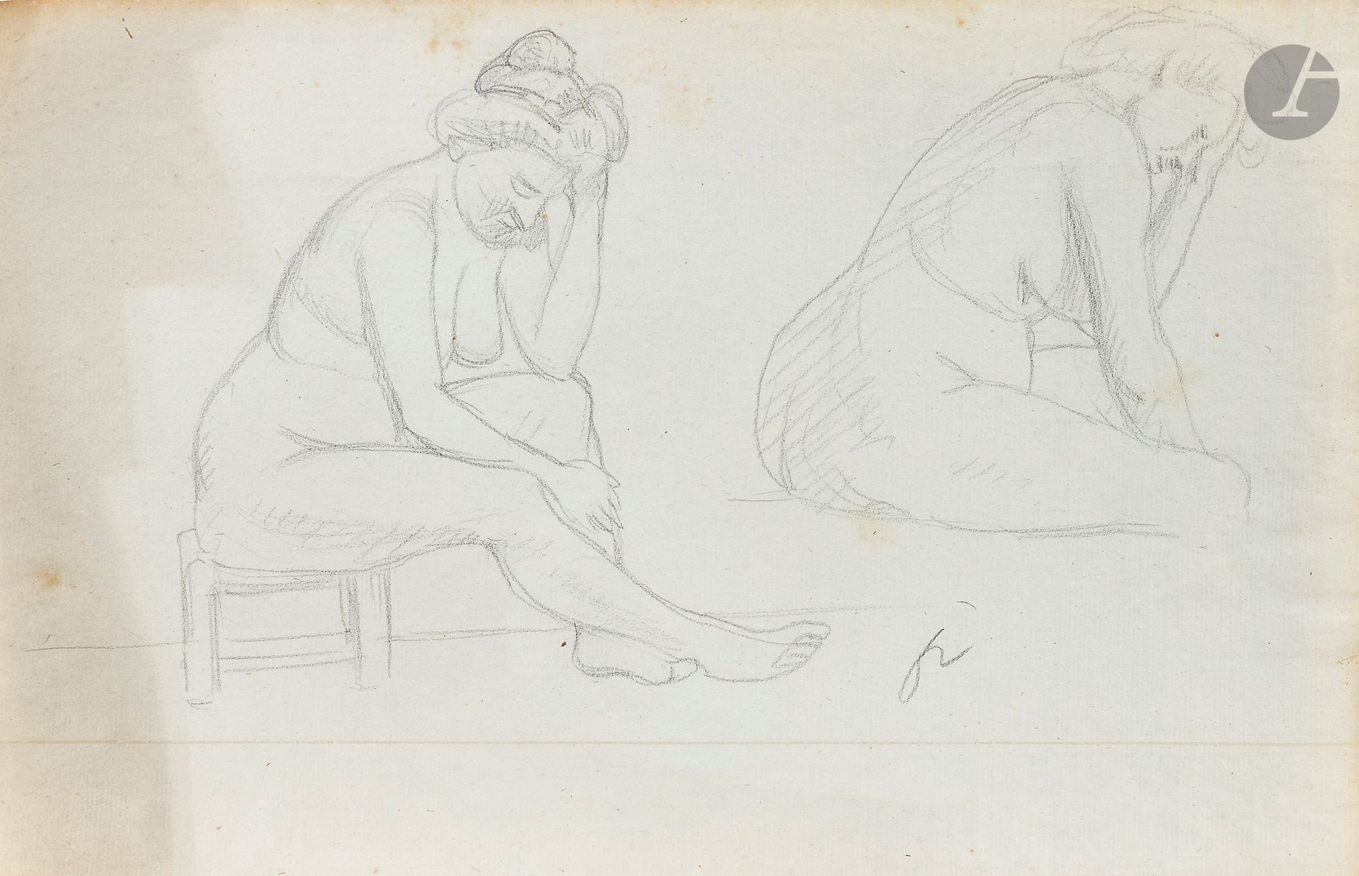 Félix VALLOTTON (1865 - 1925)
Études de femmes nues assises
Mine de plomb sur vergé gris.
Monogrammée en bas à droite.
(Oxydations, décolorations et rousseurs).
19,5 x 31 cm

Provenance:
- Gabrielle Vallotton, née Bernheim, épouse de Félix Vallotton.
- Madeleine Lecomte du Noüy, née Rodrigues-Henriques, fille de Gabrielle Vallotton et belle-fille de Félix Vallotton. Par descendance.
- Isabelle Lecasble, née Lecomte du Noüy, fille de Madeleine Lecomte du Noüy (son cachet au dos). Par descendance.

Nous remercions Madame Katia Poletti, conservatrice de la Fondation Félix Vallotton pour les informations qu’elle nous a transmises.

Les dessins que nous présentons proviennent de la collection d’Isabelle Lecomte du Noüy et ont été hérités de sa grand-mère, Gabrielle Bernheim. Celle-ci avait épousé en secondes noces le peintre Félix Vallotton, figure majeure du groupe des Nabis et proche d’Édouard Vuillard. 

L’ensemble comprend de nombreuses études de nus, ainsi que plusieurs feuilles préparatoires d’œuvres peintes. Parmi celles-ci figurent notamment une étude pour Femme nue de dos blonde (1907), une étude pour Femme assise de dos (1915) conservé au Kunstmuseum de Luzern, ainsi qu’une étude en relation avec le tableau Vue d’Avignon (1920). Ces feuilles révèlent le processus créatif de Vallotton : l’artiste y explore les attitudes des figures, met en place la composition et l’équilibre des formes, tout en inscrivant directement sur le papier des annotations de couleurs destinées à guider l’élaboration de la peinture.

Cet ensemble, demeuré au sein d’une famille étroitement liée au nabisme et à ses représentants, apparaît aujourd’hui comme un témoignage particulièrement précieux. Afin d’en matérialiser la provenance, un cachet de collection aux initiales d’Isabelle Lecomte du Noüy a été apposé au verso de chacun des dessins.