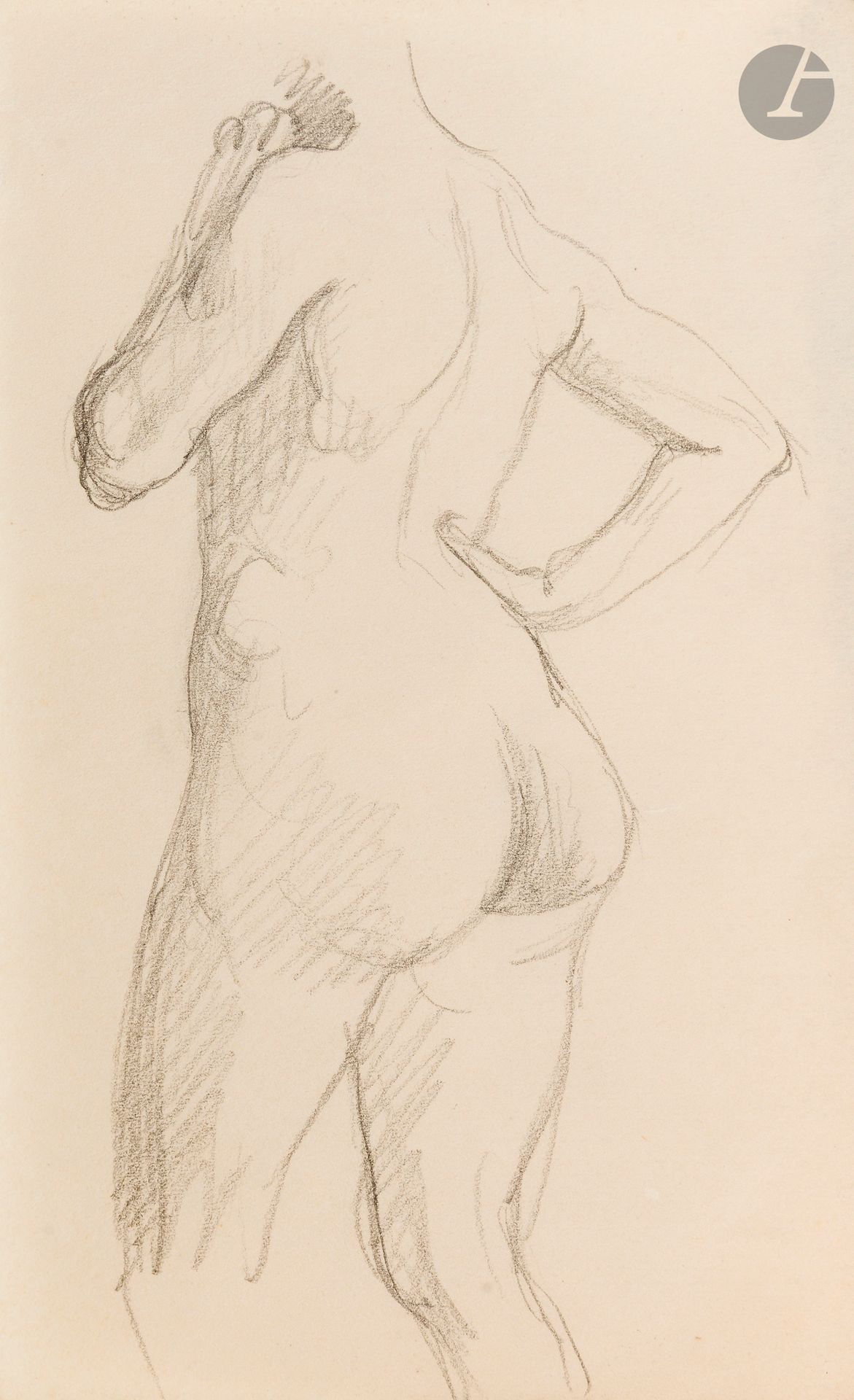 Félix VALLOTTON (1865 - 1925)
Femme nue de dos la main sur la hanche
Mine de plomb sur page de carnet.
Non signée.
16 x 9,5 cm

Provenance:
- Gabrielle Vallotton, née Bernheim, épouse de Félix Vallotton.
- Madeleine Lecomte du Noüy, née Rodrigues-Henriques, fille de Gabrielle Vallotton et belle-fille de Félix Vallotton. Par descendance.
- Isabelle Lecasble, née Lecomte du Noüy, fille de Madeleine Lecomte du Noüy (son cachet au dos). Par descendance.

Nous remercions Madame Katia Poletti, conservatrice de la Fondation Félix Vallotton pour les informations qu’elle nous a transmises.

Les dessins que nous présentons proviennent de la collection d’Isabelle Lecomte du Noüy et ont été hérités de sa grand-mère, Gabrielle Bernheim. Celle-ci avait épousé en secondes noces le peintre Félix Vallotton, figure majeure du groupe des Nabis et proche d’Édouard Vuillard. 

L’ensemble comprend de nombreuses études de nus, ainsi que plusieurs feuilles préparatoires d’œuvres peintes. Parmi celles-ci figurent notamment une étude pour Femme nue de dos blonde (1907), une étude pour Femme assise de dos (1915) conservé au Kunstmuseum de Luzern, ainsi qu’une étude en relation avec le tableau Vue d’Avignon (1920). Ces feuilles révèlent le processus créatif de Vallotton : l’artiste y explore les attitudes des figures, met en place la composition et l’équilibre des formes, tout en inscrivant directement sur le papier des annotations de couleurs destinées à guider l’élaboration de la peinture.

Cet ensemble, demeuré au sein d’une famille étroitement liée au nabisme et à ses représentants, apparaît aujourd’hui comme un témoignage particulièrement précieux. Afin d’en matérialiser la provenance, un cachet de collection aux initiales d’Isabelle Lecomte du Noüy a été apposé au verso de chacun des dessins.