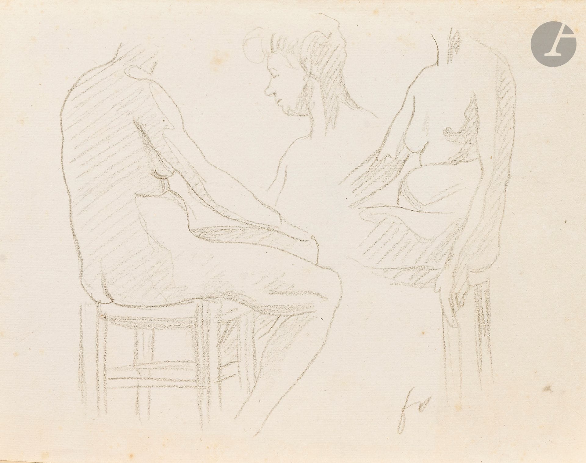 Félix VALLOTTON (1865 - 1925)
Études de femmes nues assises
Crayon noir sur papier vergé.
Monogrammé en bas à droite.
(Décolorations et rousseurs).
18,5 x 24 cm

Provenance:
- Gabrielle Vallotton, née Bernheim, épouse de Félix Vallotton.
- Madeleine Lecomte du Noüy, née Rodrigues-Henriques, fille de Gabrielle Vallotton et belle-fille de Félix Vallotton. Par descendance.
- Isabelle Lecasble, née Lecomte du Noüy, fille de Madeleine Lecomte du Noüy (son cachet au dos). Par descendance.

Nous remercions Madame Katia Poletti, conservatrice de la Fondation Félix Vallotton pour les informations qu’elle nous a transmises.

Les dessins que nous présentons proviennent de la collection d’Isabelle Lecomte du Noüy et ont été hérités de sa grand-mère, Gabrielle Bernheim. Celle-ci avait épousé en secondes noces le peintre Félix Vallotton, figure majeure du groupe des Nabis et proche d’Édouard Vuillard. 

L’ensemble comprend de nombreuses études de nus, ainsi que plusieurs feuilles préparatoires d’œuvres peintes. Parmi celles-ci figurent notamment une étude pour Femme nue de dos blonde (1907), une étude pour Femme assise de dos (1915) conservé au Kunstmuseum de Luzern, ainsi qu’une étude en relation avec le tableau Vue d’Avignon (1920). Ces feuilles révèlent le processus créatif de Vallotton : l’artiste y explore les attitudes des figures, met en place la composition et l’équilibre des formes, tout en inscrivant directement sur le papier des annotations de couleurs destinées à guider l’élaboration de la peinture.

Cet ensemble, demeuré au sein d’une famille étroitement liée au nabisme et à ses représentants, apparaît aujourd’hui comme un témoignage particulièrement précieux. Afin d’en matérialiser la provenance, un cachet de collection aux initiales d’Isabelle Lecomte du Noüy a été apposé au verso de chacun des dessins.