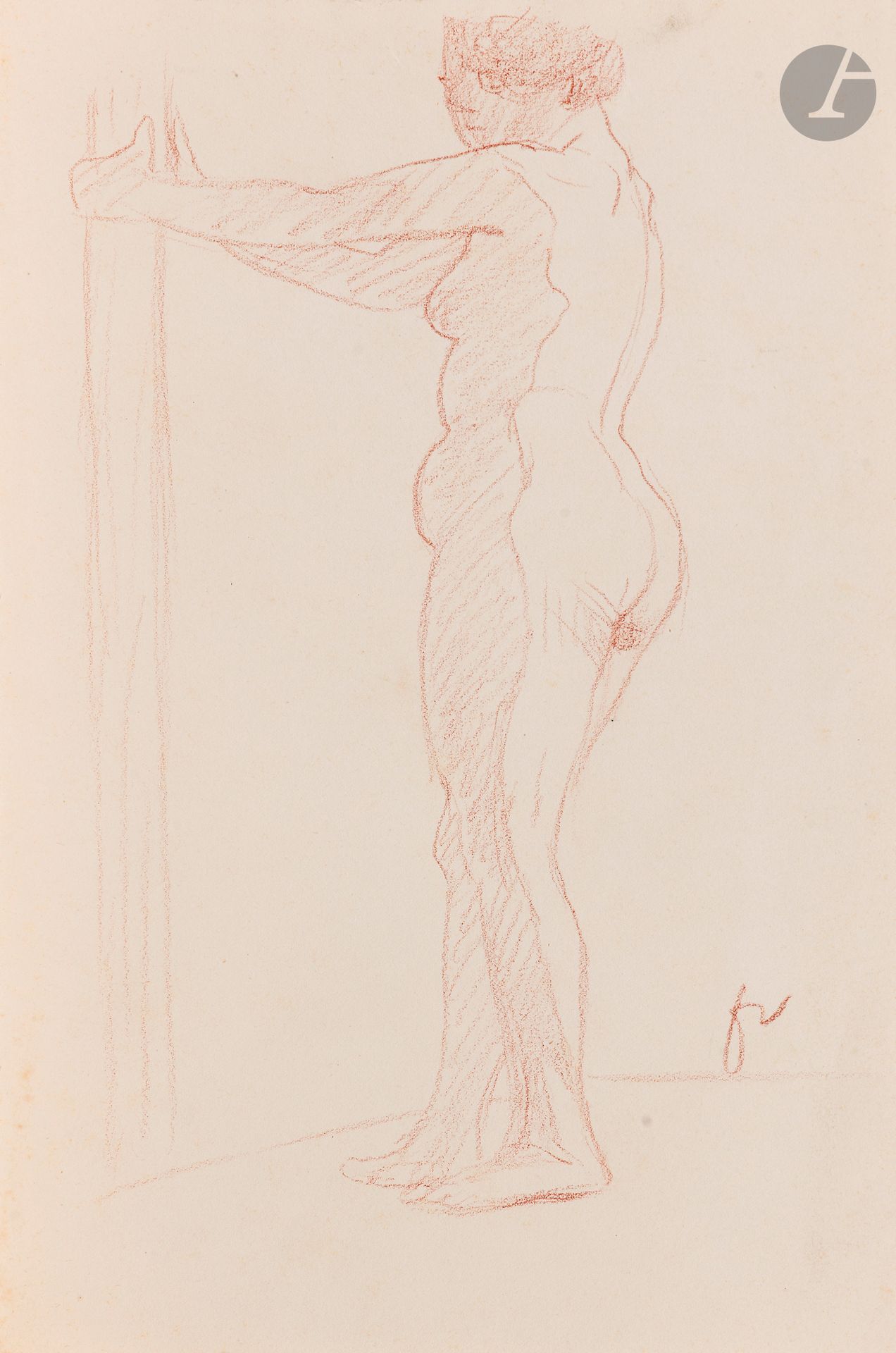Félix VALLOTTON (1865 - 1925)
Nude woman standing at a post
Sanguine.
Monogrammed lower right.
(Slight foxing).
28 x 18.5 cm

Provenance:
- Gabrielle Vallotton, née Bernheim, wife of Félix Vallotton.
- Madeleine Lecomte du Noüy, née Rodrigues-Henriques, daughter of Gabrielle Vallotton and daughter-in-law of Félix Vallotton. By descent.
- Isabelle Lecasble, née Lecomte du Noüy, daughter of Madeleine Lecomte du Noüy (her stamp on the back). By descent.

We would like to thank Madame Katia Poletti, curator of the Félix Vallotton Foundation, for the information she provided.

The drawings we are presenting come from the collection of Isabelle Lecomte du Noüy and were inherited from her grandmother, Gabrielle Bernheim. Her grandmother, Gabrielle Bernheim, had married the painter Félix Vallotton, a major figure in the Nabis group and a close associate of Édouard Vuillard. 

The set includes numerous nude studies, as well as several preparatory sheets for painted works. These include a study for Femme nue de dos blonde (1907), a study for Femme assise de dos (1915) in the Kunstmuseum Luzern, and a study for the painting Vue d'Avignon (1920). These sheets reveal Vallotton's creative process: the artist explores the attitudes of the figures, sets up the composition and balance of forms, while inscribing color annotations directly on the paper to guide the elaboration of the painting.

This collection, which remained in a family closely linked to Nabism and its representatives, is today a particularly precious testimony. To identify its provenance, a collection stamp bearing Isabelle Lecomte du Noüy's initials has been affixed to the reverse of each drawing.