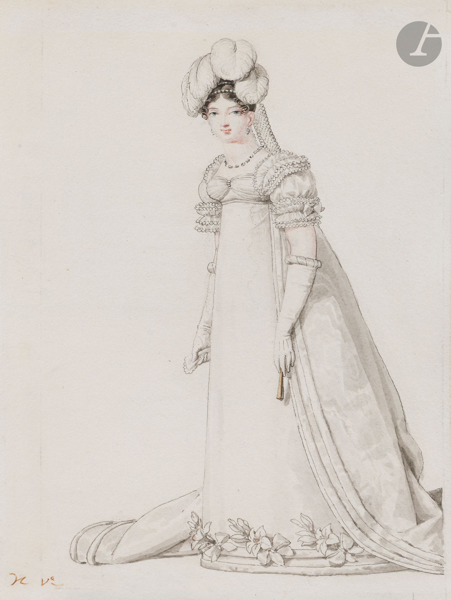 Horace Vernet (Paris 1789 - 1863)
Young Woman Wearing a Moire Court Coat, circa 1815
Preparatory drawing for engraving for the Journal des Dames et des Modes, plate 1507, 1815.
Pen, Indian ink, ink wash and watercolor
Monogrammed lower left: "HVe".
On verso, inscribed in black pencil: "Me Saurel".
16.6 x 11 cm

 Le Journal des Dames et des Modes was the only periodical dealing with fashion in the late 18th and early 19th centuries. Covering the mores and pleasures of Parisians, it reflected a new period, with an aesthetic imbued with freedom and frivolity, resolutely turning its back on the reign of Terror that preceded it. The Merveilleuses, adorned in tunics à la Diane, frock coats à la Galathée and gowns à la Flore, are sketched and their dress fashions skilfully described. Joséphine Bonaparte, Juliette Récamier, Germaine de Staël and Thérésa Tallien all convey this image of luxury. Horace Vernet, like Carle Vernet and Jean-Baptiste Isabey, was a cartoonist for the newspaper.