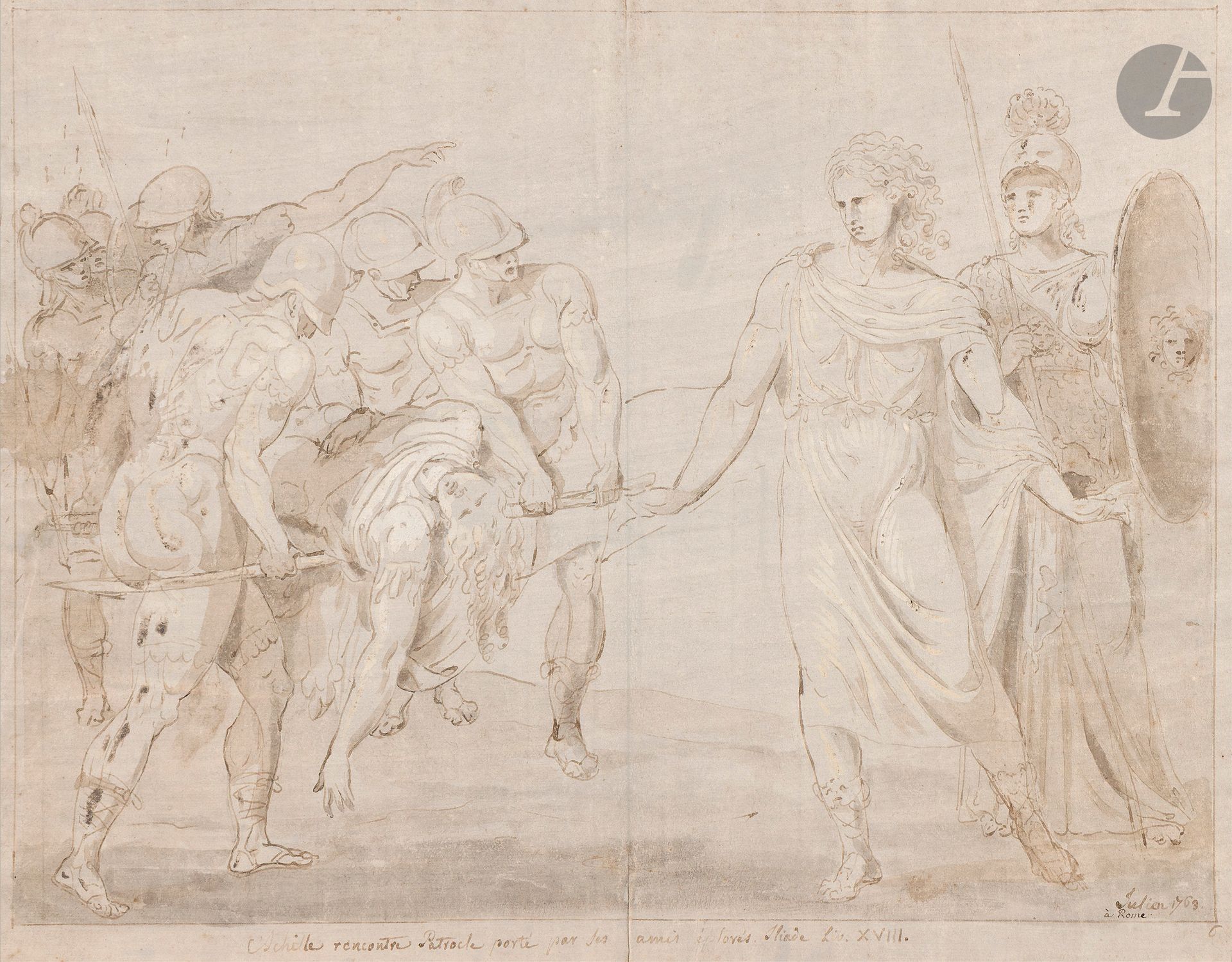 Julien de PARME (Cavigliano 1736 - Paris 1799)
Achille rencontre Patrocle porté par ses amis éplorés. Iliade, Liv. XVIII. 
Plume, encre brune, lavis brun et rehauts de gouache blanche sur papier préparé en gris-bleu.
Signée, datée en bas à droite « Julien 1763 » et annotée « à Rome ». 
(Oxydation des blancs, pliures et taches). 
41,8 x 52 cm