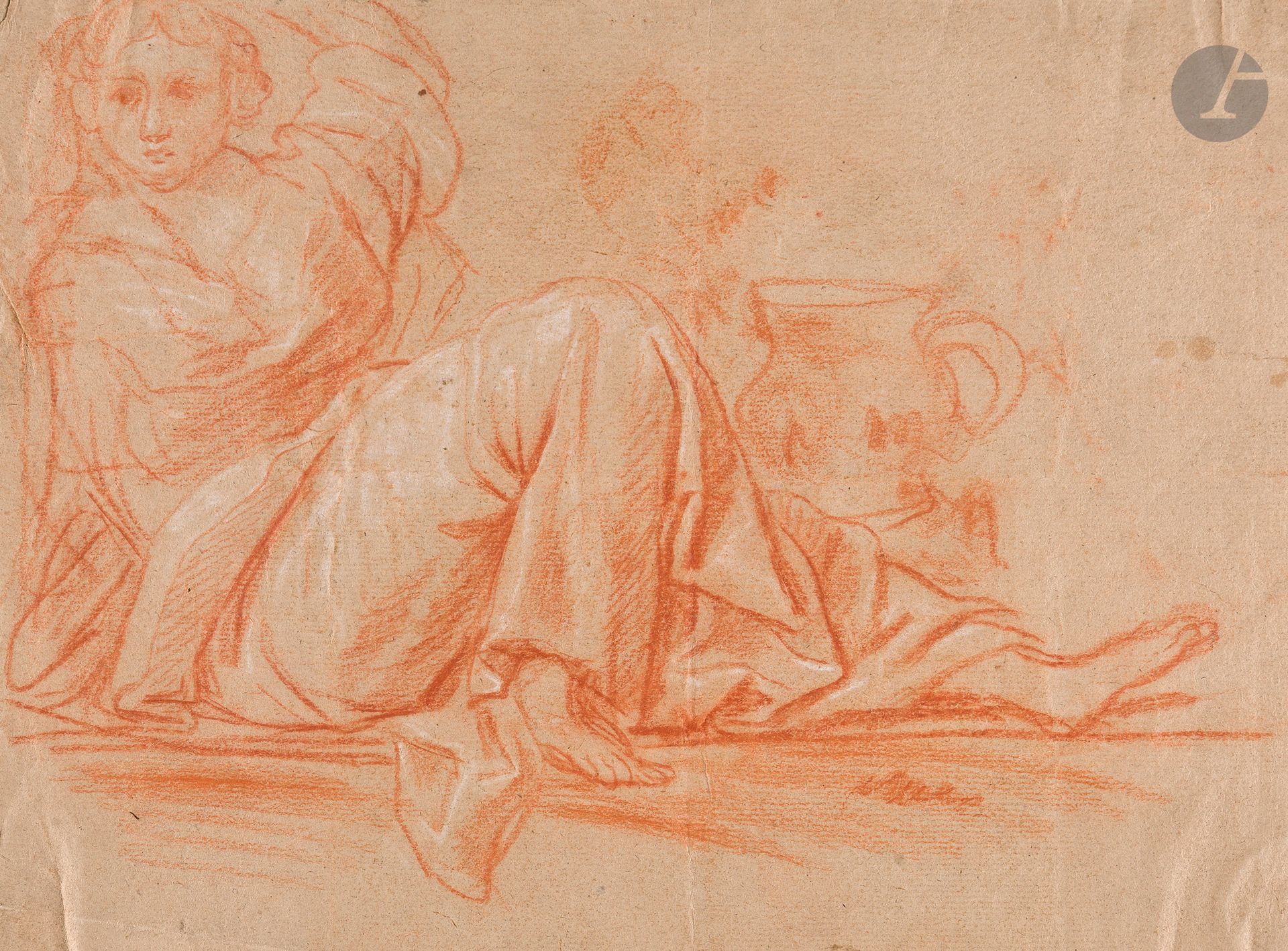Jan GAREMIJN (Bruges 1712 - 1799)
Femme assise, les bras levés
Sanguine et rehauts de craie blanche sur papier beige.
Ancienne étiquette de collection, en haut à gauche sur le montage.
(Petites taches et petites pliures).
21,3 x 26,5 cm

Jan Garemijn, très jeune, fut l’élève du sculpteur Rochus Aerts, de Hendrik Pulinx et Lodewijk Roose, tous deux peintres. En 1765, il devint professeur et directeur de l’académie de Bruges, poste qu’il occupa pendant dix ans. Artiste prolifique, il est surtout admiré pour ses qualités de dessinateur. Son style fut fortement influencé par les grands artistes français tels que Boucher, Fragonard et Greuze mais aussi par ses compatriotes Jordaens et Rubens.