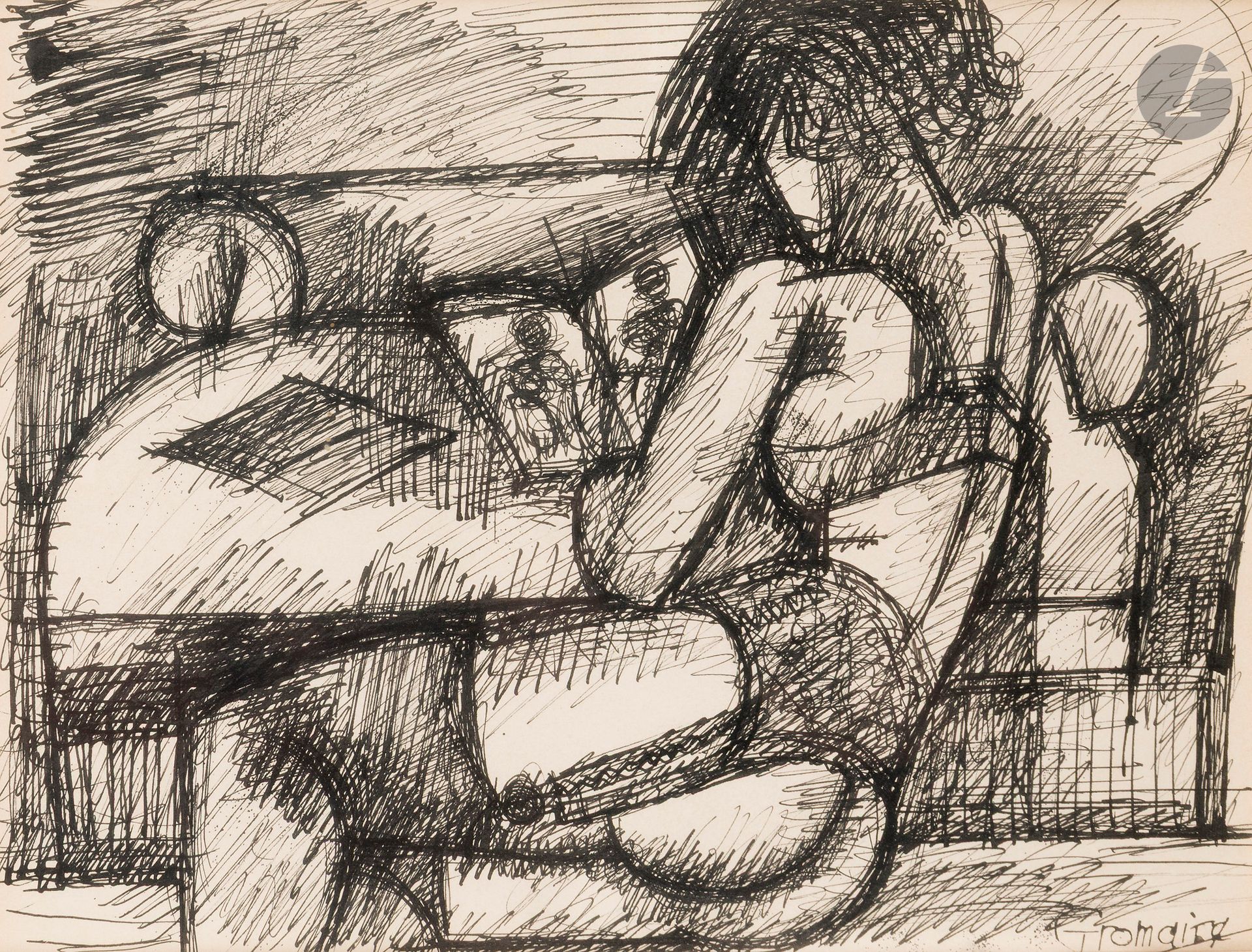 Marcel GROMAIRE (1892 - 1971)
Seated woman with garter belt
Ink.
Studio stamp lower right.
23.5 x 31 cm
