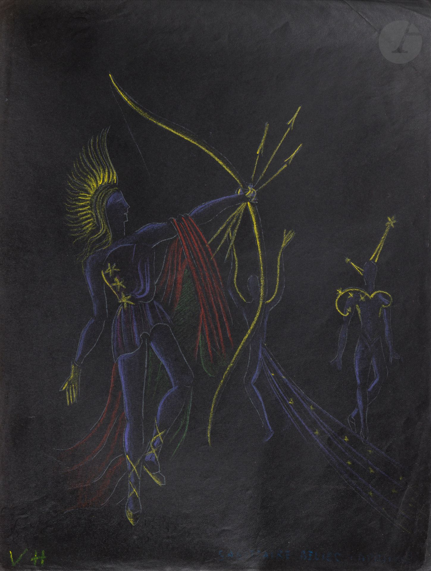 Valentine HUGO (1887 - 1968)
Signes du Zodiaque - Quatre saisons
Douze pastels sur papier noir.
Monogrammés « V.H. » en bas à gauche et titrés.
(Déchirures et plis).
Env. 34 x 25 cm (11) et 31,5 x 65 cm (1 - plis).