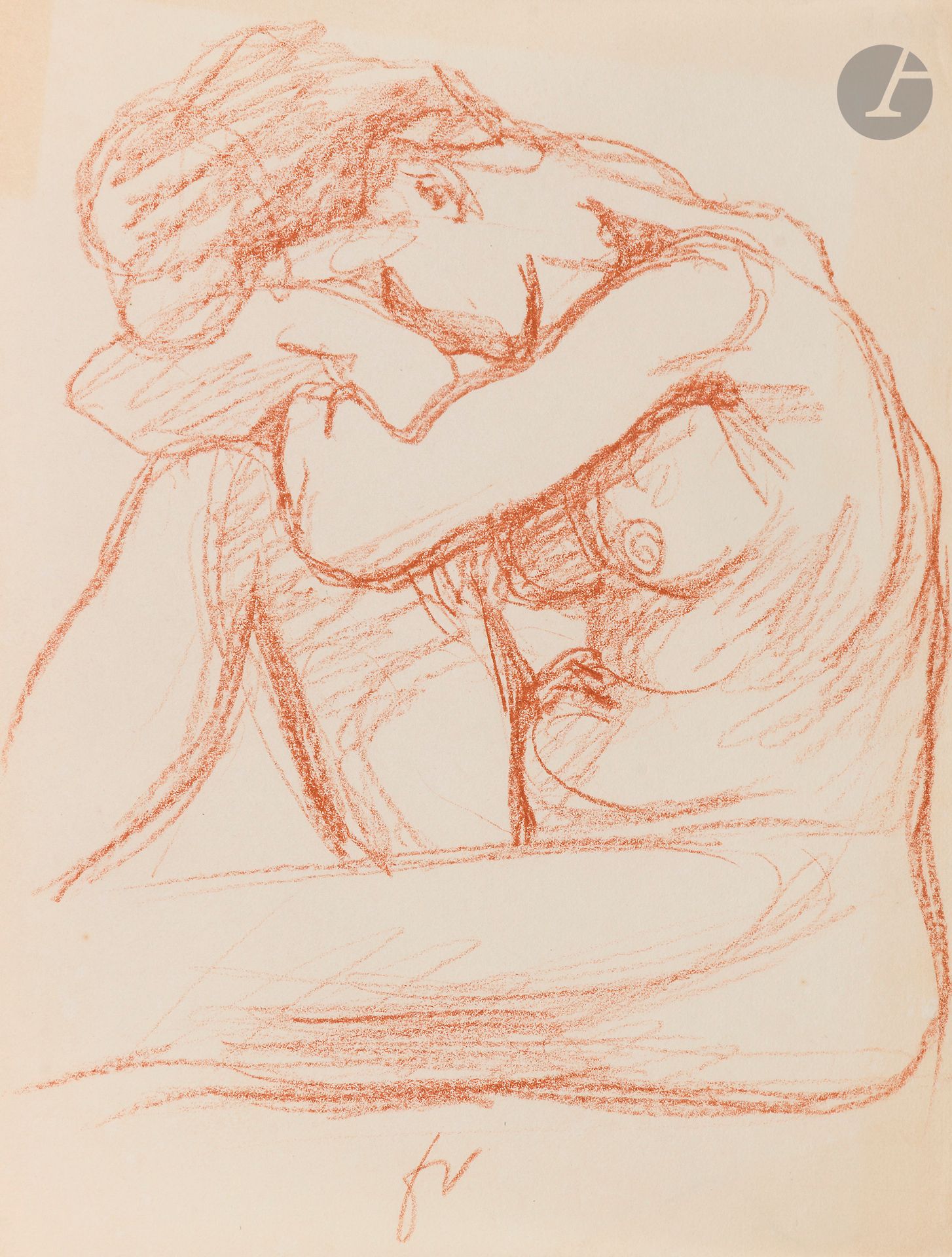 Félix VALLOTTON (1865 - 1925)
Nude woman with her head resting on her knee
Sanguine.
Monogrammed at the foot.
(Irregular right edge, traces of oxidation along the edges).
19.5 x 15 cm

Provenance:
- Gabrielle Vallotton, née Bernheim, wife of Félix Vallotton.
- Madeleine Lecomte du Noüy, née Rodrigues-Henriques, daughter of Gabrielle Vallotton and daughter-in-law of Félix Vallotton. By descent.
- Isabelle Lecasble, née Lecomte du Noüy, daughter of Madeleine Lecomte du Noüy (her stamp on the back). By descent.

We would like to thank Madame Katia Poletti, curator of the Félix Vallotton Foundation, for the information she provided.

The drawings we are presenting come from the collection of Isabelle Lecomte du Noüy and were inherited from her grandmother, Gabrielle Bernheim. Her grandmother, Gabrielle Bernheim, had married the painter Félix Vallotton, a major figure in the Nabis group and a close associate of Édouard Vuillard. 

The set includes numerous nude studies, as well as several preparatory sheets for painted works. These include a study for Femme nue de dos blonde (1907), a study for Femme assise de dos (1915) in the Kunstmuseum Luzern, and a study for the painting Vue d'Avignon (1920). These sheets reveal Vallotton's creative process: the artist explores the attitudes of the figures, sets up the composition and balance of forms, while inscribing color annotations directly on the paper to guide the elaboration of the painting.

This group of works, which remained in a family closely linked to Nabism and its representatives, is today a particularly precious testimony. To identify its provenance, a collection stamp bearing Isabelle Lecomte du Noüy's initials has been affixed to the reverse of each drawing.