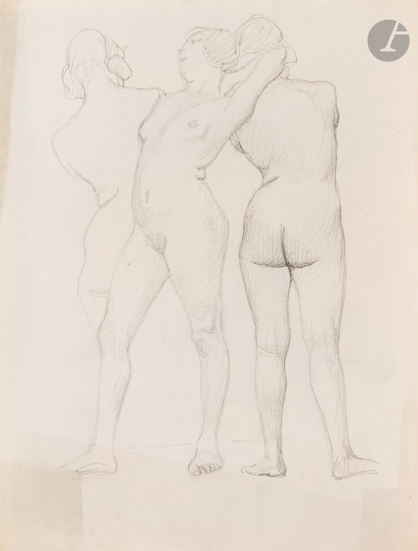 Félix VALLOTTON (1865 - 1925)
Études de femme nue
Mine de plomb.
Non signée.
(Décolorations sur les bords).
32,5 x 25 cm

Provenance:
- Gabrielle Vallotton, née Bernheim, épouse de Félix Vallotton.
- Madeleine Lecomte du Noüy, née Rodrigues-Henriques, fille de Gabrielle Vallotton et belle-fille de Félix Vallotton. Par descendance.
- Isabelle Lecasble, née Lecomte du Noüy, fille de Madeleine Lecomte du Noüy (son cachet au dos). Par descendance.

Nous remercions Madame Katia Poletti, conservatrice de la Fondation Félix Vallotton pour les informations qu’elle nous a transmises.


Les dessins que nous présentons proviennent de la collection d’Isabelle Lecomte du Noüy et ont été hérités de sa grand-mère, Gabrielle Bernheim. Celle-ci avait épousé en secondes noces le peintre Félix Vallotton, figure majeure du groupe des Nabis et proche d’Édouard Vuillard. 

L’ensemble comprend de nombreuses études de nus, ainsi que plusieurs feuilles préparatoires d’œuvres peintes. Parmi celles-ci figurent notamment une étude pour Femme nue de dos blonde (1907), une étude pour Femme assise de dos (1915) conservé au Kunstmuseum de Luzern, ainsi qu’une étude en relation avec le tableau Vue d’Avignon (1920). Ces feuilles révèlent le processus créatif de Vallotton : l’artiste y explore les attitudes des figures, met en place la composition et l’équilibre des formes, tout en inscrivant directement sur le papier des annotations de couleurs destinées à guider l’élaboration de la peinture.

Cet ensemble, demeuré au sein d’une famille étroitement liée au nabisme et à ses représentants, apparaît aujourd’hui comme un témoignage particulièrement précieux. Afin d’en matérialiser la provenance, un cachet de collection aux initiales d’Isabelle Lecomte du Noüy a été apposé au verso de chacun des dessins.