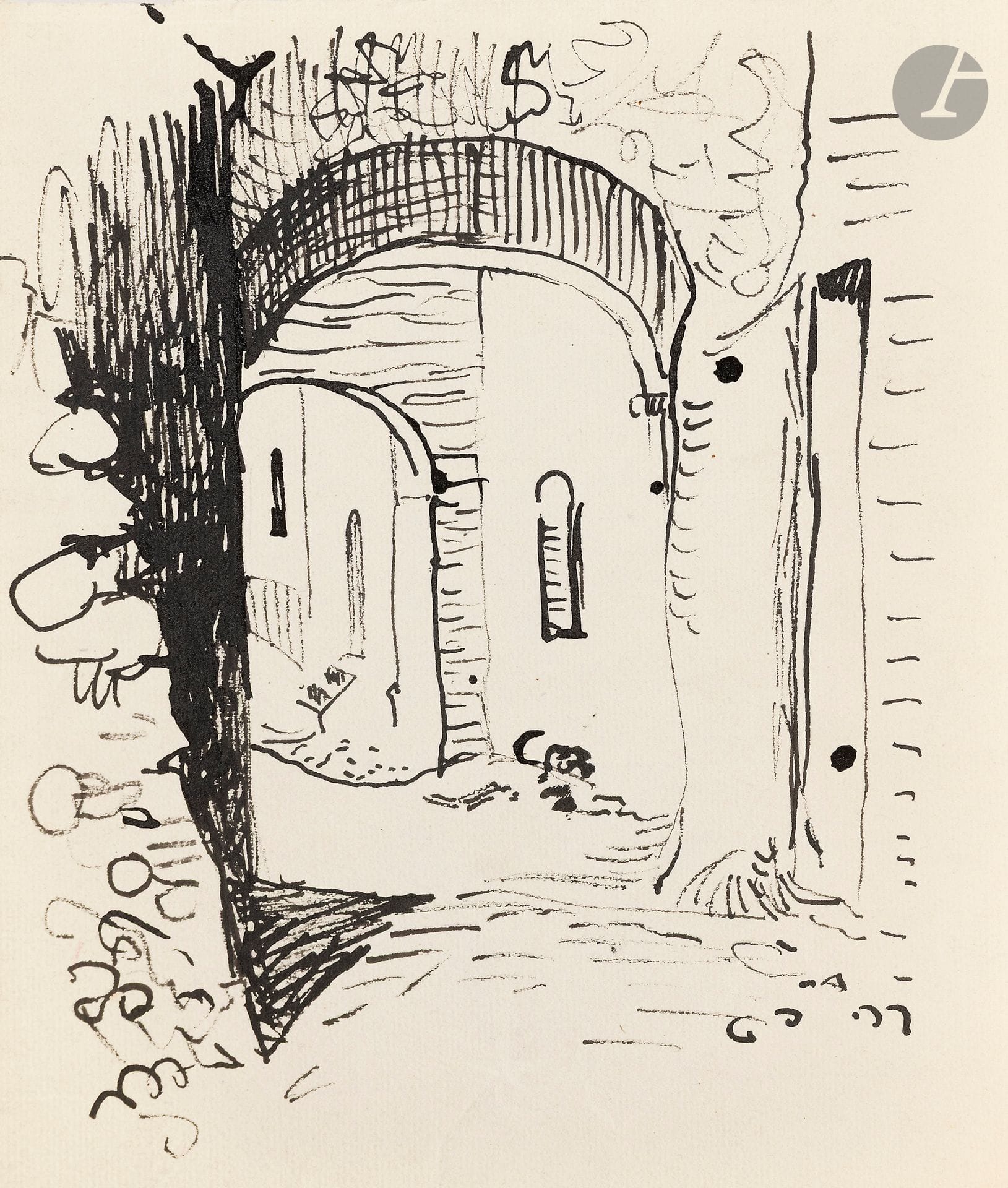 Félix VALLOTTON (1865 - 1925)
L’Arche, vue présumée de Haut-de-Cagnes
Encre sur papier vergé.
Non signée.
(Bord inférieur irrégulier).
21,5 x 18,5 cm

Provenance:
- Gabrielle Vallotton, née Bernheim, épouse de Félix Vallotton.
- Madeleine Lecomte du Noüy, née Rodrigues-Henriques, fille de Gabrielle Vallotton et belle-fille de Félix Vallotton. Par descendance.
- Isabelle Lecasble, née Lecomte du Noüy, fille de Madeleine Lecomte du Noüy (son cachet au dos). Par descendance.

Nous remercions Madame Katia Poletti, conservatrice de la Fondation Félix Vallotton pour les informations qu’elle nous a transmises.


Les dessins que nous présentons proviennent de la collection d’Isabelle Lecomte du Noüy et ont été hérités de sa grand-mère, Gabrielle Bernheim. Celle-ci avait épousé en secondes noces le peintre Félix Vallotton, figure majeure du groupe des Nabis et proche d’Édouard Vuillard. 

L’ensemble comprend de nombreuses études de nus, ainsi que plusieurs feuilles préparatoires d’œuvres peintes. Parmi celles-ci figurent notamment une étude pour Femme nue de dos blonde (1907), une étude pour Femme assise de dos (1915) conservé au Kunstmuseum de Luzern, ainsi qu’une étude en relation avec le tableau Vue d’Avignon (1920). Ces feuilles révèlent le processus créatif de Vallotton : l’artiste y explore les attitudes des figures, met en place la composition et l’équilibre des formes, tout en inscrivant directement sur le papier des annotations de couleurs destinées à guider l’élaboration de la peinture.

Cet ensemble, demeuré au sein d’une famille étroitement liée au nabisme et à ses représentants, apparaît aujourd’hui comme un témoignage particulièrement précieux. Afin d’en matérialiser la provenance, un cachet de collection aux initiales d’Isabelle Lecomte du Noüy a été apposé au verso de chacun des dessins.
