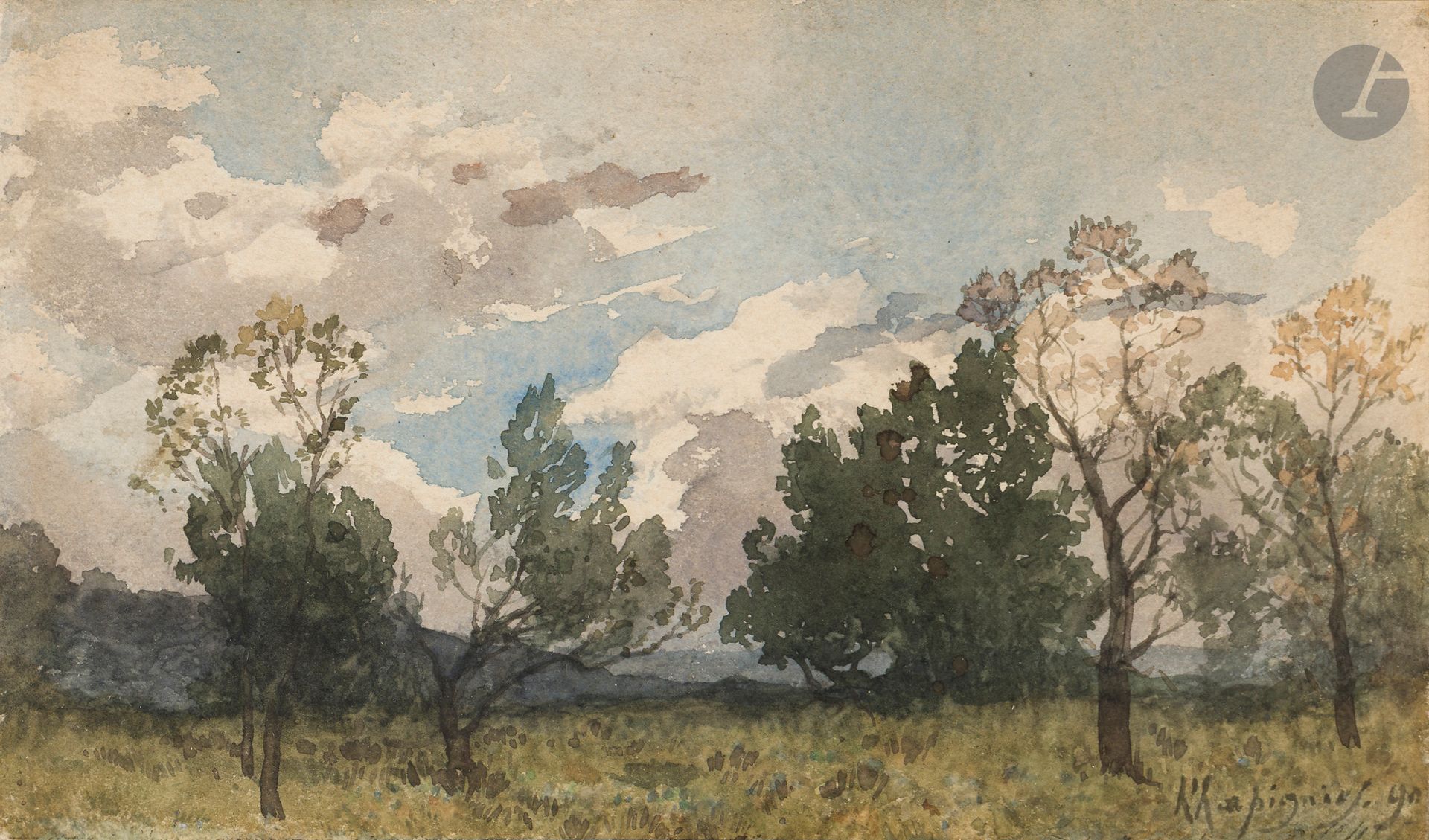 Henri Joseph HARPIGNIES (1819 - 1916)
Avant l’orage, paysage aux arbres, 1890
Aquarelle.
Signée et datée en bas à droite.
16 x 27 cm

Provenance : 
Vente Mes Lombrail-Teucquam La Varenne Saint-Hilaire, 1995 (étiquette au dos du montage).

Nous remercions Monsieur Jean Pierre Cappoen de nous avoir aimablement confirmé l’authenticité de cette aquarelle ainsi que pour les informations qu’il nous a transmises.