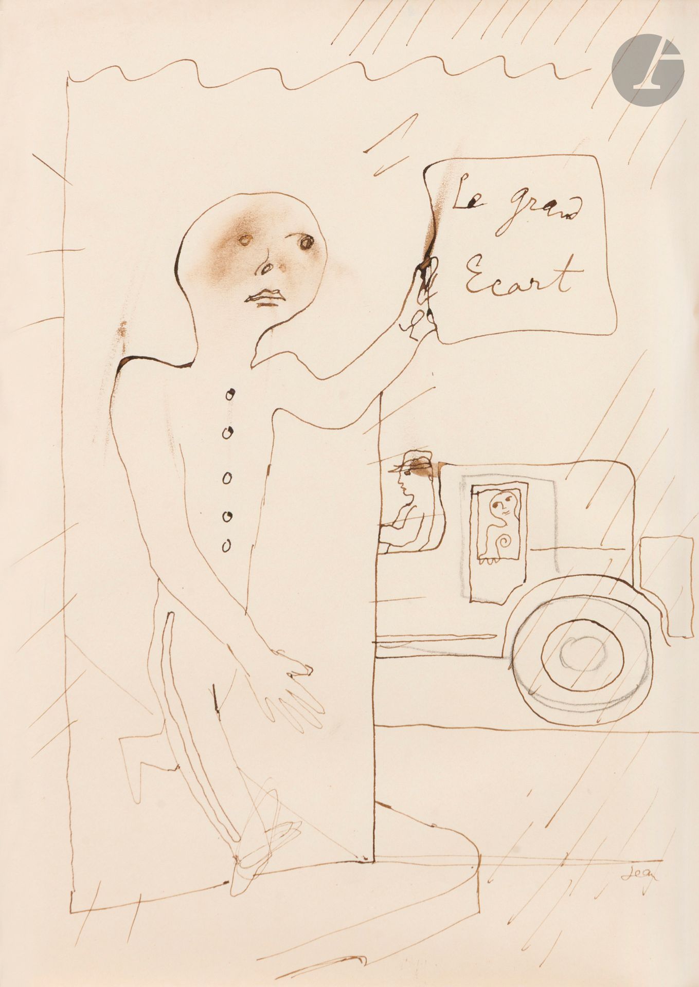Jean COCTEAU (1889 - 1963)
Le Grand écart, 1926
Encre brune et mine de plomb.
Signée « Jean » en bas à droite.
34 x 24 cm

Provenance : 
Collection Louis Moyses.

Nous remercions Dominique Bert d’avoir confirmé l’authenticité de cette œuvre. Un certificat d’inclusion aux Archives Guédras sera remis à l’acquéreur.

 Louis Moyses, ami de Jean Cocteau, avait demandé l’autorisation d’appeler le cabaret qu’il souhaitait ouvrir au 7 rue Fromentin à Paris, Le Grand Écart,  (du titre du roman d’initiation de l’artiste publié en 1923). Notre dessin est une étude pour le dépliant de l’établissement.