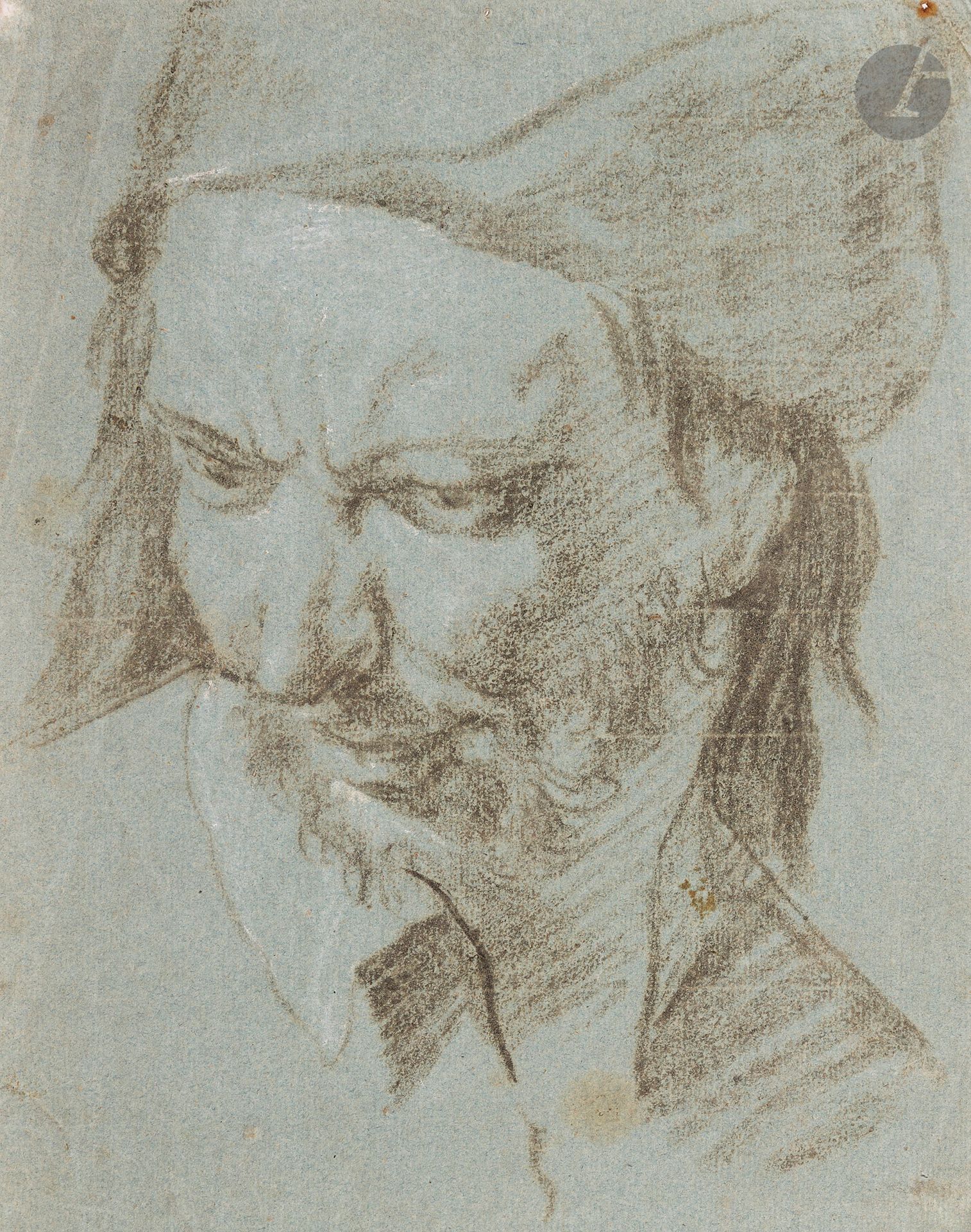Jan GAREMIJN (Bruges 1712 - 1799)
Head of a man with a hat
Brown stone and white chalk highlights on blue paper.
(Bends, small stains and upper left corner cut).
26.8 x 21.5 cm

As a young man, Jan Garemijn was a pupil of the sculptor Rochus Aerts, Hendrik Pulinx and Lodewijk Roose, both painters. In 1765, he became professor and director of the Bruges Academy, a position he held for ten years. A prolific artist, he is admired above all for his drawing skills. His style was strongly influenced by the great French artists Boucher, Fragonard and Greuze, as well as his compatriots Jordaens and Rubens.