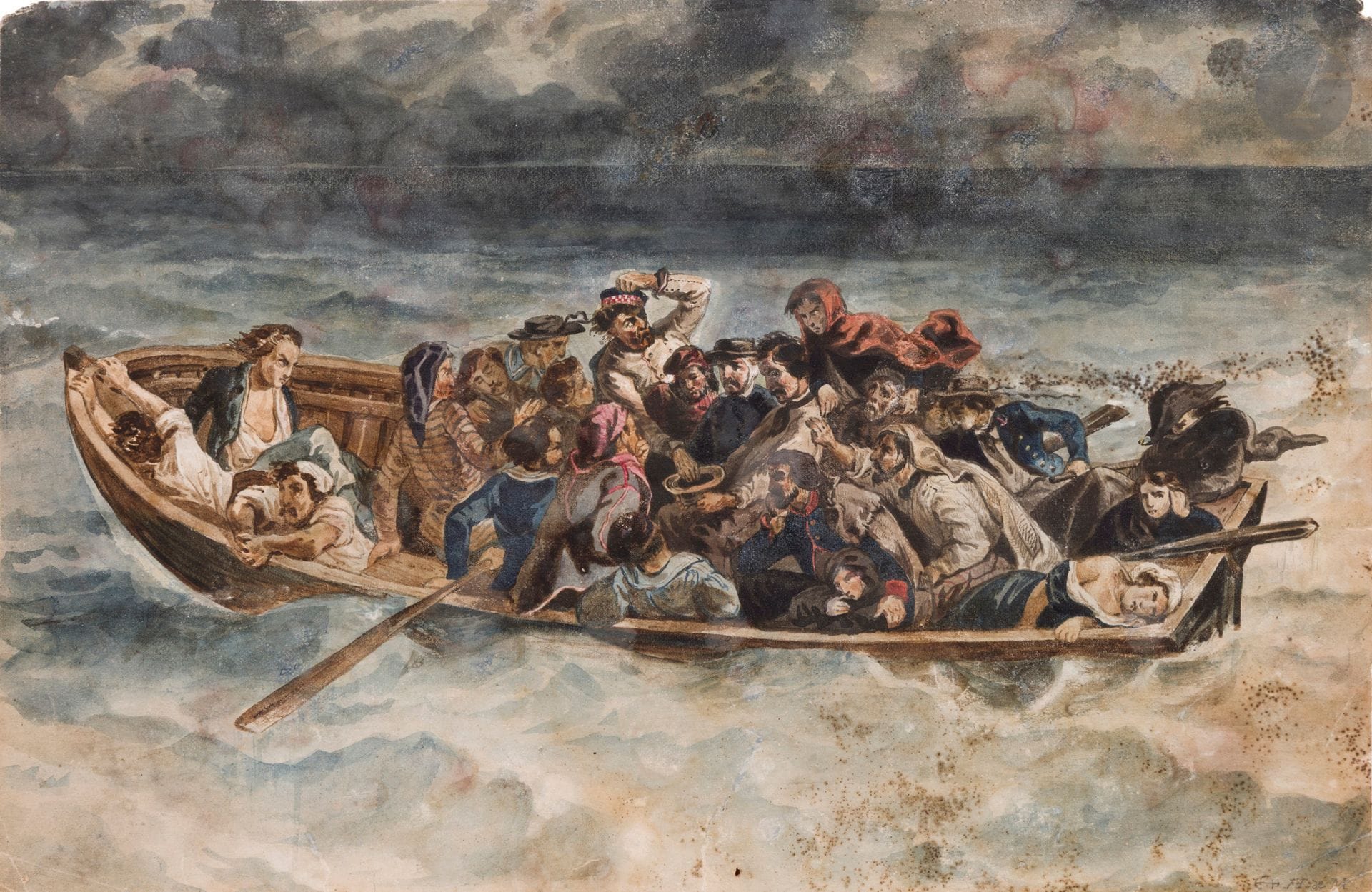 Henri de MONTAUT (Paris 1829 - 1889)
Naufragés dans une barque 
Aquarelle sur traits de crayon noir.
Signée en bas à droite. 
Au verso, dédicace au Comte de Paris.
(Insolé, taches).
22 x 33 cm