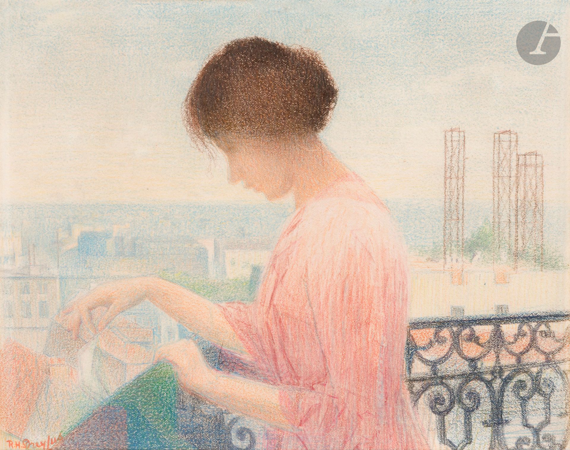 Raoul-Henri DREYFUS (1878-1965)
Woman on balcony
Colored pencil on paper.
Signed lower left.
18 x 23 cm

 Raoul-Henri Dreyfus donated a work to the Betsalel Museum, the future Israel Museum, entitled Les Parfums and depicting a portrait of a woman who appears to be the same model as the woman on the balcony ("An expedition of objets d'art to the Jewish Museum in Jerusalem", published in Menorah (Le Chandelier), a fortnightly magazine founded in 1922).