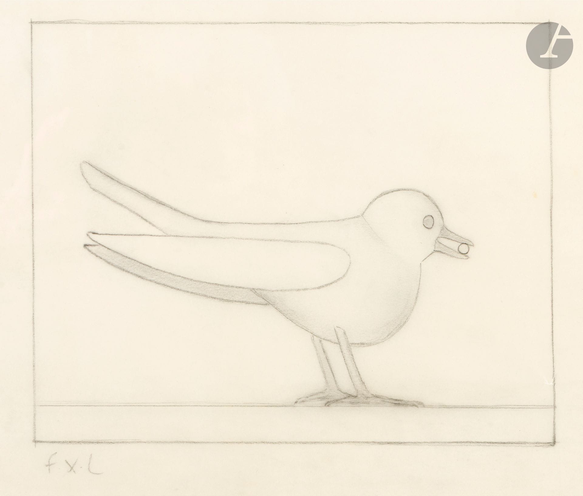 François-Xavier LALANNE (1924 - 2008)
Study for "Oiseau de verre", Daum edition, circa 1979
Graphite on tracing paper.
Monogrammed lower left.
(Folds at lower right).
22 x 26 cm

Provenance : 
- Daum family.
- Private collection, Paris.

This is the study for Oiseau de verre, a model created in 1979 for Daum. Made of white glass paste and bronze, the beak holds a crystal pearl.