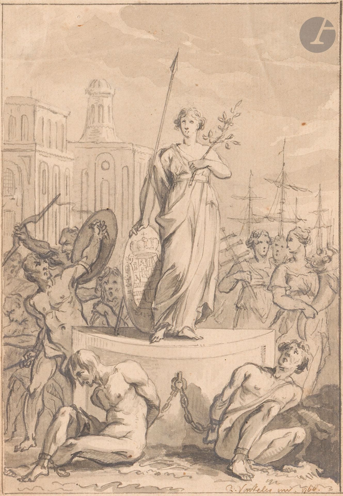 Reinier VINKELES (Amsterdam 1741 - 1816)
Allégorie de la Liberté des Pays-Bas
Plume, encre noire et lavis gris.
Signée « R. Vinkeles inv. 1766. » en bas à droite. 
(Rousseurs, une pliure horizontale en partie supérieure, petits plis). 
16 x 11,4 cm

On connait une gravure dans le même sens.