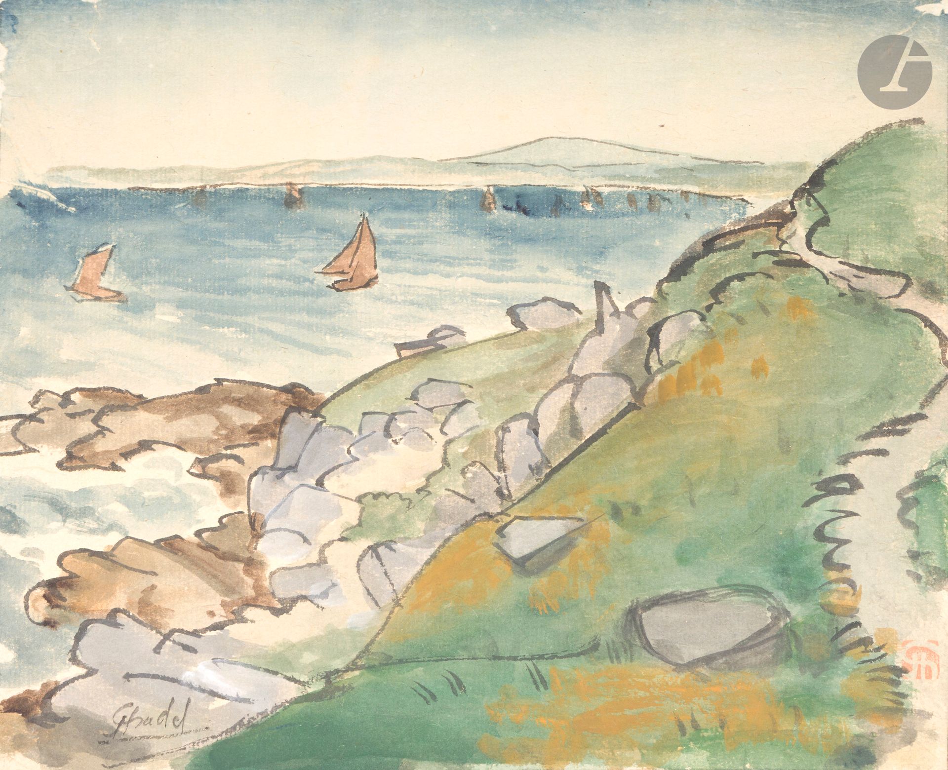 Jules CHADEL (1870 - 1941)
Sailboats from the coast
Watercolor, ink and gouache highlights.
Signed lower left, artist's stamp lower right (Lugt 5051).
(Drawing doubled, a vertical tear in the upper left corner, missing in the upper right corner).
26 x 31 cm