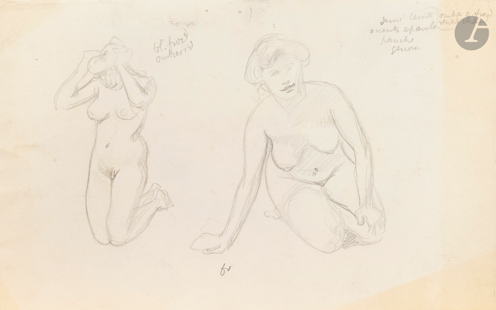 Félix VALLOTTON (1865 - 1925)
Study of a kneeling nude woman with annotations
Black pencil.
Monogrammed at foot.
(Discoloration, tears and small holes along the upper edge).
16 x 26 cm

Provenance
- Gabrielle Vallotton, née Bernheim, wife of Félix Vallotton.
- Madeleine Lecomte du Noüy, née Rodrigues-Henriques, daughter of Gabrielle Vallotton and daughter-in-law of Félix Vallotton. By descent.
- Isabelle Lecasble, née Lecomte du Noüy, daughter of Madeleine Lecomte du Noüy (her stamp on the back). By descent.

We would like to thank Madame Katia Poletti, curator of the Félix Vallotton Foundation, for the information she provided.


The drawings we are presenting come from the collection of Isabelle Lecomte du Noüy and were inherited from her grandmother, Gabrielle Bernheim. Her grandmother, Gabrielle Bernheim, had married the painter Félix Vallotton, a major figure in the Nabis group and a close associate of Édouard Vuillard. 

The set includes numerous nude studies, as well as several preparatory sheets for painted works. These include a study for Femme nue de dos blonde (1907), a study for Femme assise de dos (1915) in the Kunstmuseum Luzern, and a study for the painting Vue d'Avignon (1920). These sheets reveal Vallotton's creative process: the artist explores the attitudes of the figures, sets up the composition and balance of forms, while inscribing color annotations directly on the paper to guide the elaboration of the painting.

This group of works, which remained in a family closely linked to Nabism and its representatives, is today a particularly precious testimony. To identify its provenance, a collection stamp bearing Isabelle Lecomte du Noüy's initials has been affixed to the reverse of each drawing.