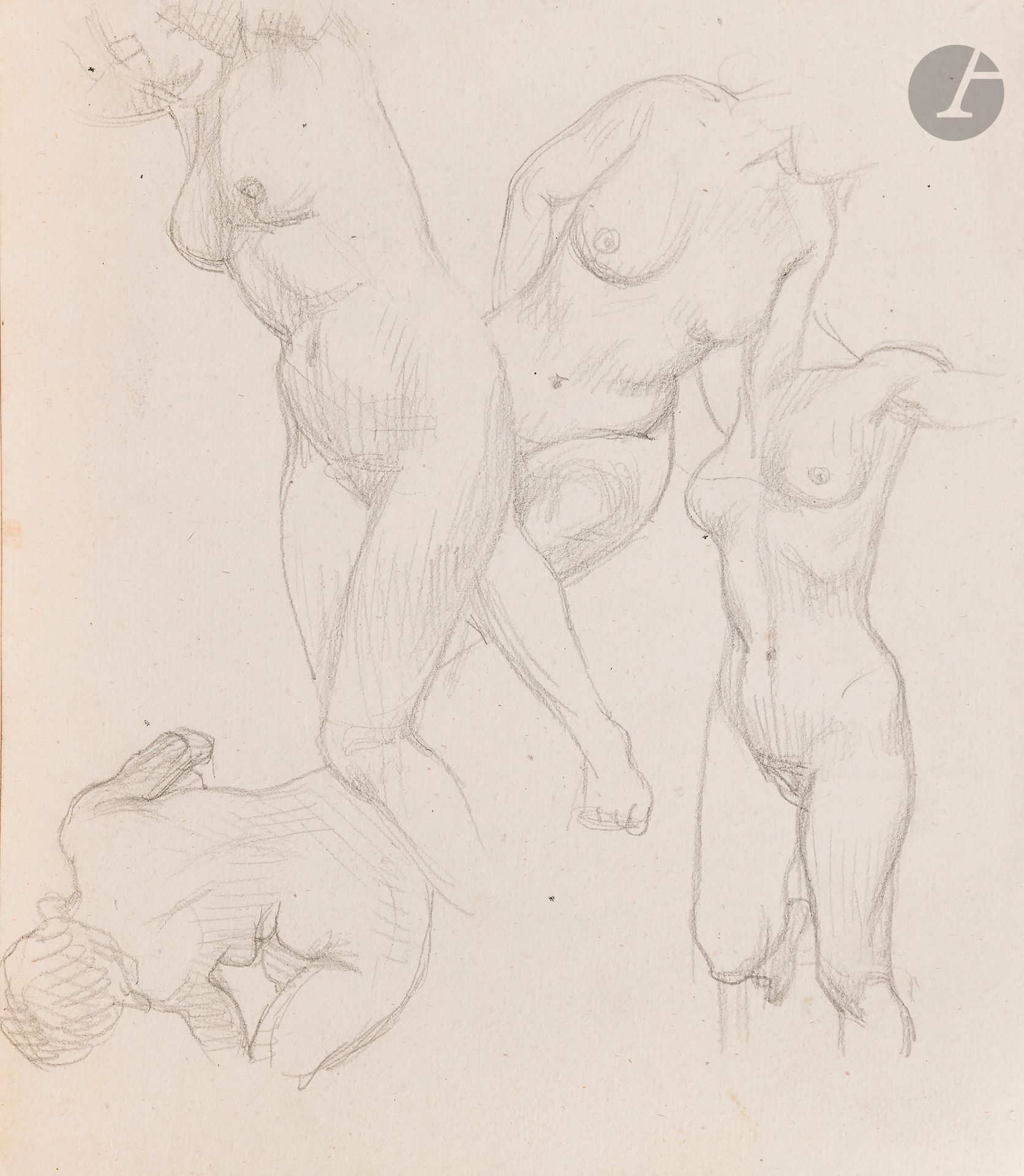 Félix VALLOTTON (1865 - 1925)
Études de femme nue
Mine de plomb.
Non signée.
23 x 20 cm

Provenance:
- Gabrielle Vallotton, née Bernheim, épouse de Félix Vallotton.
- Madeleine Lecomte du Noüy, née Rodrigues-Henriques, fille de Gabrielle Vallotton et belle-fille de Félix Vallotton. Par descendance.
- Isabelle Lecasble, née Lecomte du Noüy, fille de Madeleine Lecomte du Noüy (son cachet au dos). Par descendance.

Nous remercions Madame Katia Poletti, conservatrice de la Fondation Félix Vallotton pour les informations qu’elle nous a transmises.


Les dessins que nous présentons proviennent de la collection d’Isabelle Lecomte du Noüy et ont été hérités de sa grand-mère, Gabrielle Bernheim. Celle-ci avait épousé en secondes noces le peintre Félix Vallotton, figure majeure du groupe des Nabis et proche d’Édouard Vuillard. 

L’ensemble comprend de nombreuses études de nus, ainsi que plusieurs feuilles préparatoires d’œuvres peintes. Parmi celles-ci figurent notamment une étude pour Femme nue de dos blonde (1907), une étude pour Femme assise de dos (1915) conservé au Kunstmuseum de Luzern, ainsi qu’une étude en relation avec le tableau Vue d’Avignon (1920). Ces feuilles révèlent le processus créatif de Vallotton : l’artiste y explore les attitudes des figures, met en place la composition et l’équilibre des formes, tout en inscrivant directement sur le papier des annotations de couleurs destinées à guider l’élaboration de la peinture.

Cet ensemble, demeuré au sein d’une famille étroitement liée au nabisme et à ses représentants, apparaît aujourd’hui comme un témoignage particulièrement précieux. Afin d’en matérialiser la provenance, un cachet de collection aux initiales d’Isabelle Lecomte du Noüy a été apposé au verso de chacun des dessins.
