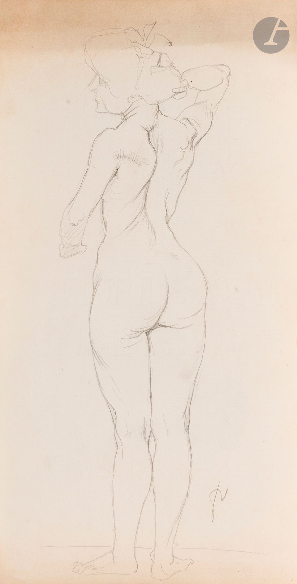 Félix VALLOTTON (1865 - 1925)
Study for Femme nue de dos, blonde, 1907
Graphite on laid paper.
Monogrammed lower right.
(Discoloration on upper and lower edges).
31 x 16.5 cm

Provenance
- Gabrielle Vallotton, née Bernheim, wife of Félix Vallotton.
- Madeleine Lecomte du Noüy, née Rodrigues-Henriques, daughter of Gabrielle Vallotton and daughter-in-law of Félix Vallotton. By descent.
- Isabelle Lecasble, née Lecomte du Noüy, daughter of Madeleine Lecomte du Noüy (her stamp on the back). By descent.

Related work: 
Nue de dos, blonde, circa 1907, reproduced in Marina Ducrey, with the collaboration of Katia Poletti, Félix Vallotton (1865-1925), L'œuvre peint, Volume II, Lausanne, Fondation Félix Vallotton, Lausanne/Zurich, Institut suisse pour l'étude de l'art (Catalogues raisonnés d'artistes suisses 22), Milan, 5 Continents Éditions, 2005, n°635, p. 383. 

We would like to thank Ms. Katia Poletti, curator of the Fondation Félix Vallotton, for the information she provided.

The drawings presented here come from the collection of Isabelle Lecomte du Noüy, and were inherited from her grandmother, Gabrielle Bernheim. Her grandmother, Gabrielle Bernheim, had married the painter Félix Vallotton, a major figure in the Nabis group and a close associate of Édouard Vuillard. 

The set includes numerous nude studies, as well as several preparatory sheets for painted works. These include a study for Femme nue de dos blonde (1907), a study for Femme assise de dos (1915) in the Kunstmuseum Luzern, and a study for the painting Vue d'Avignon (1920). These sheets reveal Vallotton's creative process: the artist explores the attitudes of the figures, sets up the composition and balance of forms, while inscribing color annotations directly on the paper to guide the elaboration of the painting.

This group of works, which remained in a family closely linked to Nabism and its representatives, is today a particularly precious testimony. To identify its provenance, a collection stamp bearing Isabelle Lecomte du Noüy's initials has been affixed to the reverse of each drawing.