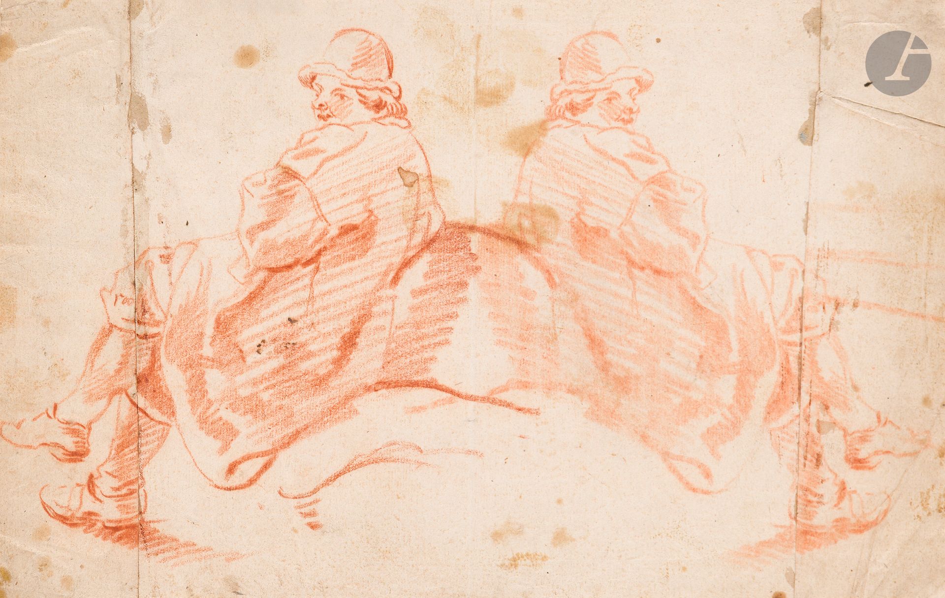 Jan GAREMIJN (Bruges 1712 - 1799)
Personnage assis
Sanguine et contre-épreuve de sanguine sur la partie droite (feuille pliée au centre).
(Bande de papier ajoutée sur le bord gauche, coin supérieur droit restauré. Pliures et taches).
Ancienne étiquette de collection, en haut à gauche sur le montage.
18,3 x 29 cm

Jan Garemijn, très jeune, fut l’élève du sculpteur Rochus Aerts, de Hendrik Pulinx et Lodewijk Roose, tous deux peintres. En 1765, il devint professeur et directeur de l’académie de Bruges, poste qu’il occupa pendant dix ans. Artiste prolifique, il est surtout admiré pour ses qualités de dessinateur. Son style fut fortement influencé par les grands artistes français tels que Boucher, Fragonard et Greuze mais aussi par ses compatriotes Jordaens et Rubens.