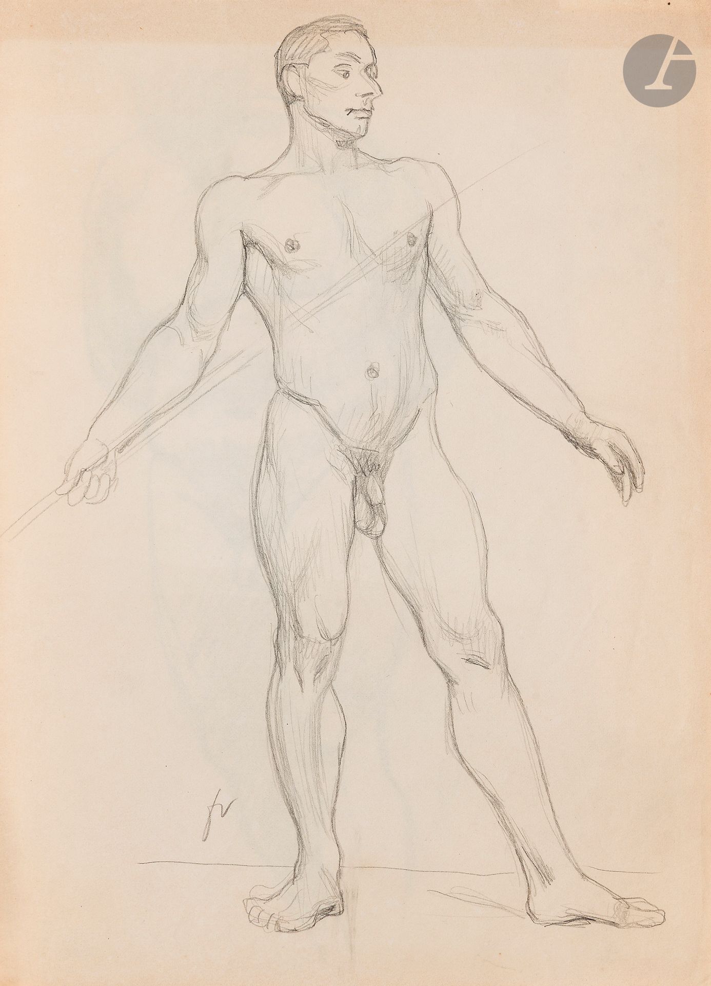 Félix VALLOTTON (1865 - 1925)
Nude man with javelin
Graphite.
Monogrammed lower left.
(Traces of discoloration along the edges).
32 x 23 cm

Provenance:
- Gabrielle Vallotton, née Bernheim, wife of Félix Vallotton.
- Madeleine Lecomte du Noüy, née Rodrigues-Henriques, daughter of Gabrielle Vallotton and daughter-in-law of Félix Vallotton. By descent.
- Isabelle Lecasble, née Lecomte du Noüy, daughter of Madeleine Lecomte du Noüy (her stamp on the back). By descent.

We would like to thank Madame Katia Poletti, curator of the Félix Vallotton Foundation, for the information she provided.

The drawings we are presenting come from the collection of Isabelle Lecomte du Noüy and were inherited from her grandmother, Gabrielle Bernheim. Her grandmother, Gabrielle Bernheim, had married the painter Félix Vallotton, a major figure in the Nabis group and a close associate of Édouard Vuillard. 

The set includes numerous nude studies, as well as several preparatory sheets for painted works. These include a study for Femme nue de dos blonde (1907), a study for Femme assise de dos (1915) in the Kunstmuseum Luzern, and a study for the painting Vue d'Avignon (1920). These sheets reveal Vallotton's creative process: the artist explores the attitudes of the figures, sets up the composition and balance of forms, while inscribing color annotations directly on the paper to guide the elaboration of the painting.

This group of works, which remained in a family closely linked to Nabism and its representatives, is today a particularly precious testimony. To identify its provenance, a collection stamp bearing Isabelle Lecomte du Noüy's initials has been affixed to the reverse of each drawing.