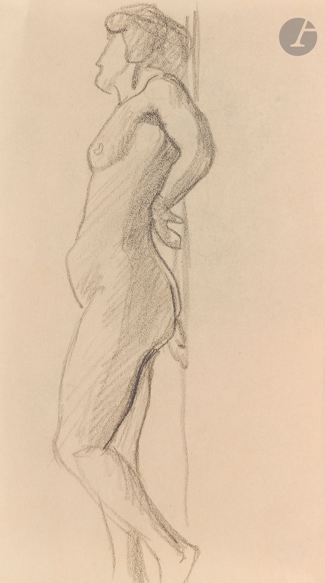 Félix VALLOTTON (1865 - 1925)
Nude woman against a post
Graphite on notebook page.
Unsigned.
16 x 9 cm

Provenance:
- Gabrielle Vallotton, née Bernheim, wife of Félix Vallotton.
- Madeleine Lecomte du Noüy, née Rodrigues-Henriques, daughter of Gabrielle Vallotton and daughter-in-law of Félix Vallotton. By descent.
- Isabelle Lecasble, née Lecomte du Noüy, daughter of Madeleine Lecomte du Noüy (her stamp on the back). By descent.

We would like to thank Madame Katia Poletti, curator of the Félix Vallotton Foundation, for the information she provided.

The drawings we are presenting come from the collection of Isabelle Lecomte du Noüy and were inherited from her grandmother, Gabrielle Bernheim. Her grandmother, Gabrielle Bernheim, had married the painter Félix Vallotton, a major figure in the Nabis group and a close associate of Édouard Vuillard. 

The set includes numerous nude studies, as well as several preparatory sheets for painted works. These include a study for Femme nue de dos blonde (1907), a study for Femme assise de dos (1915) in the Kunstmuseum Luzern, and a study for the painting Vue d'Avignon (1920). These sheets reveal Vallotton's creative process: the artist explores the attitudes of the figures, sets up the composition and balance of forms, while inscribing color annotations directly on the paper to guide the elaboration of the painting.

This collection, which remained in a family closely linked to Nabism and its representatives, is today a particularly precious testimony. To identify its provenance, a collection stamp bearing Isabelle Lecomte du Noüy's initials has been affixed to the reverse of each drawing.