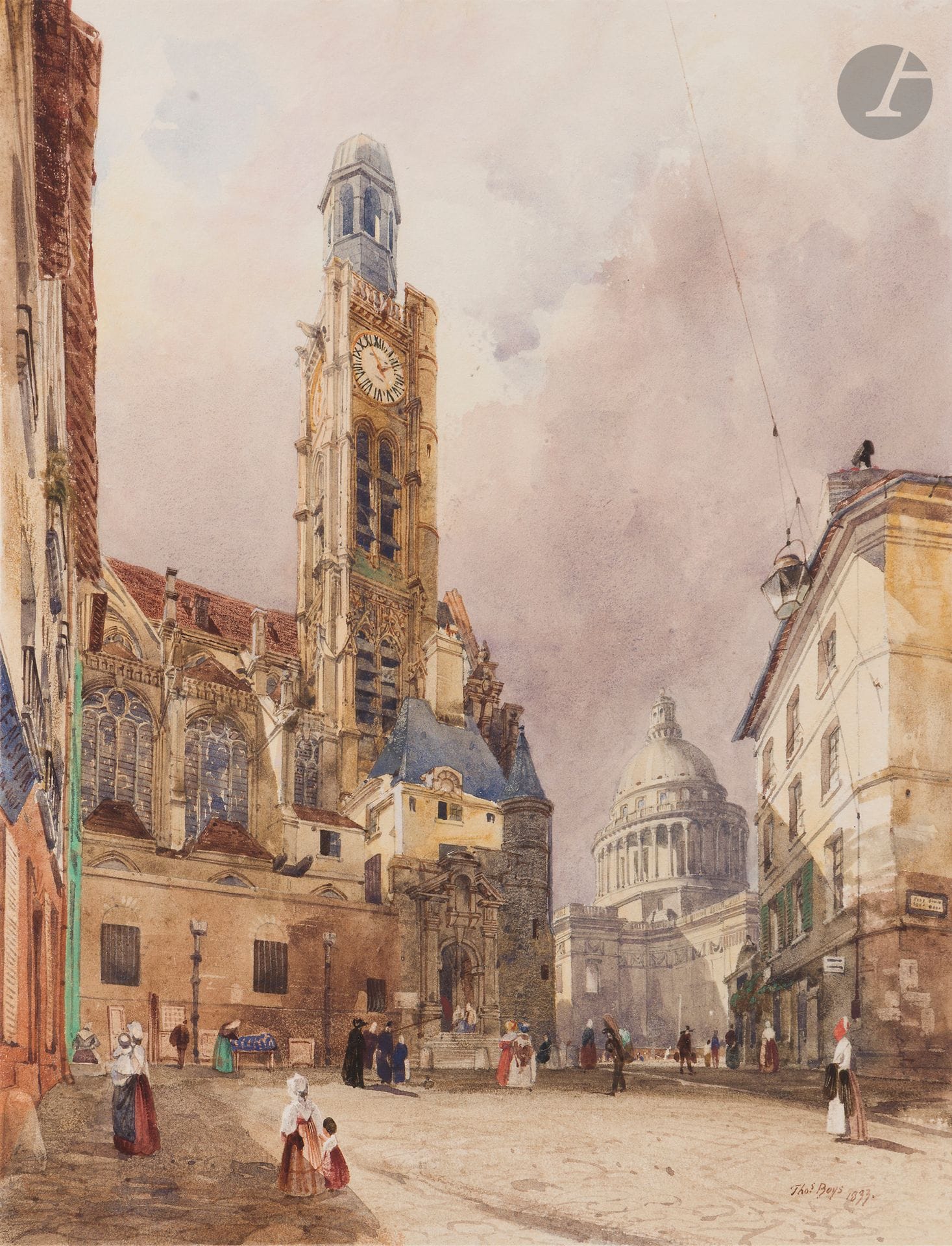 Thomas Shotter Boys (Pentonville, 1803 - Londres, 1874)
Vue de Saint-Étienne-du-Mont à Paris, 1833
Aquarelle.
Signée et datée en bas à droite : « Thos. Boys 1833 ».
32,2 x 24,3 cm

Exposition :
Paris, Salon de 1834, n°211 (Vue de St-Etienne-du-Mont, à Paris).

Provenance : 
Collection Patricia & John Roche, New York.

Bibliographie : 
P. Noon, Constable to Delacroix: British art and the French Romantics, 1820-1840, cat. exp., Tate, 2003, p. 245, n°150, reproduit.