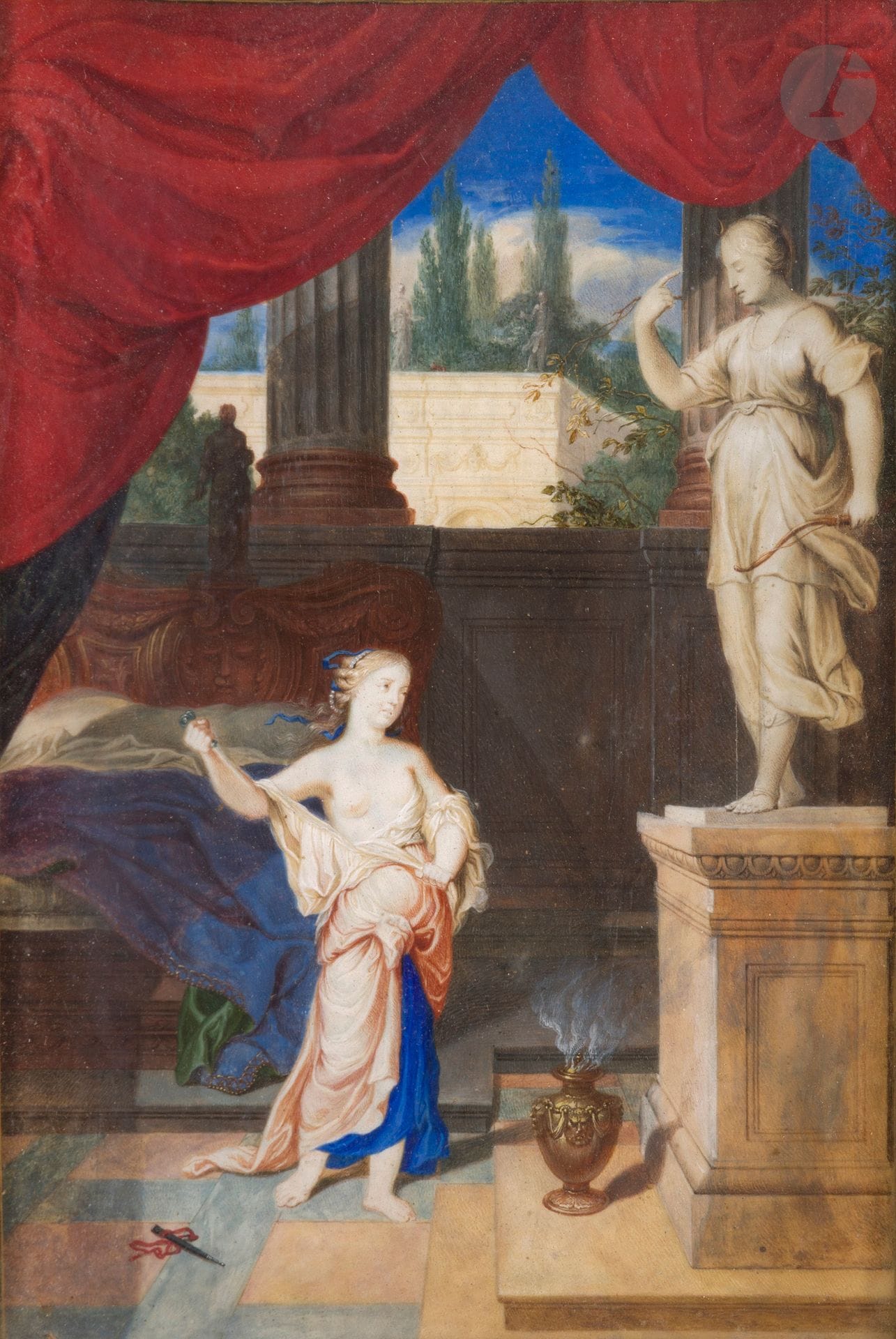 Attributed to Jean COTELLE le Jeune (Paris 1642 - Villiers-sur-Marne 1708) 
Lucrèce
Gouache on vellum stretched over panel.
(Small stains).
17.9 x 12.1 cm