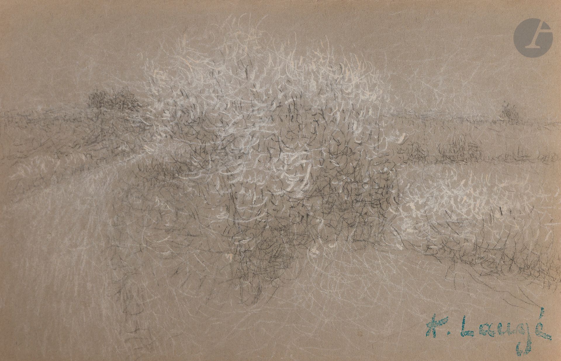 Achille LAUGÉ (1861 - 1944)
Landscape
Charcoal, white chalk and pastel.
Signature stamp lower right.
16 x 25.4 cm