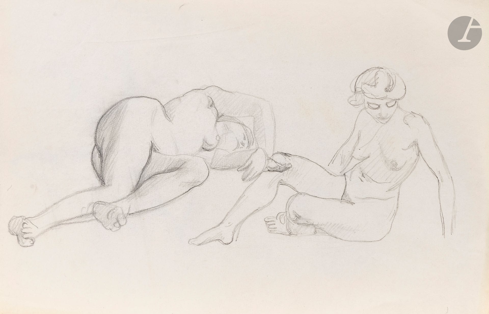 Félix VALLOTTON (1865 - 1925)
Étude de femmes nues
Mine de plomb.
Non signée.
24 x 32,5 cm

Provenance:
- Gabrielle Vallotton, née Bernheim, épouse de Félix Vallotton.
- Madeleine Lecomte du Noüy, née Rodrigues-Henriques, fille de Gabrielle Vallotton et belle-fille de Félix Vallotton. Par descendance.
- Isabelle Lecasble, née Lecomte du Noüy, fille de Madeleine Lecomte du Noüy (son cachet au dos). Par descendance.

Nous remercions Madame Katia Poletti, conservatrice de la Fondation Félix Vallotton pour les informations qu’elle nous a transmises.


Les dessins que nous présentons proviennent de la collection d’Isabelle Lecomte du Noüy et ont été hérités de sa grand-mère, Gabrielle Bernheim. Celle-ci avait épousé en secondes noces le peintre Félix Vallotton, figure majeure du groupe des Nabis et proche d’Édouard Vuillard. 

L’ensemble comprend de nombreuses études de nus, ainsi que plusieurs feuilles préparatoires d’œuvres peintes. Parmi celles-ci figurent notamment une étude pour Femme nue de dos blonde (1907), une étude pour Femme assise de dos (1915) conservé au Kunstmuseum de Luzern, ainsi qu’une étude en relation avec le tableau Vue d’Avignon (1920). Ces feuilles révèlent le processus créatif de Vallotton : l’artiste y explore les attitudes des figures, met en place la composition et l’équilibre des formes, tout en inscrivant directement sur le papier des annotations de couleurs destinées à guider l’élaboration de la peinture.

Cet ensemble, demeuré au sein d’une famille étroitement liée au nabisme et à ses représentants, apparaît aujourd’hui comme un témoignage particulièrement précieux. Afin d’en matérialiser la provenance, un cachet de collection aux initiales d’Isabelle Lecomte du Noüy a été apposé au verso de chacun des dessins.