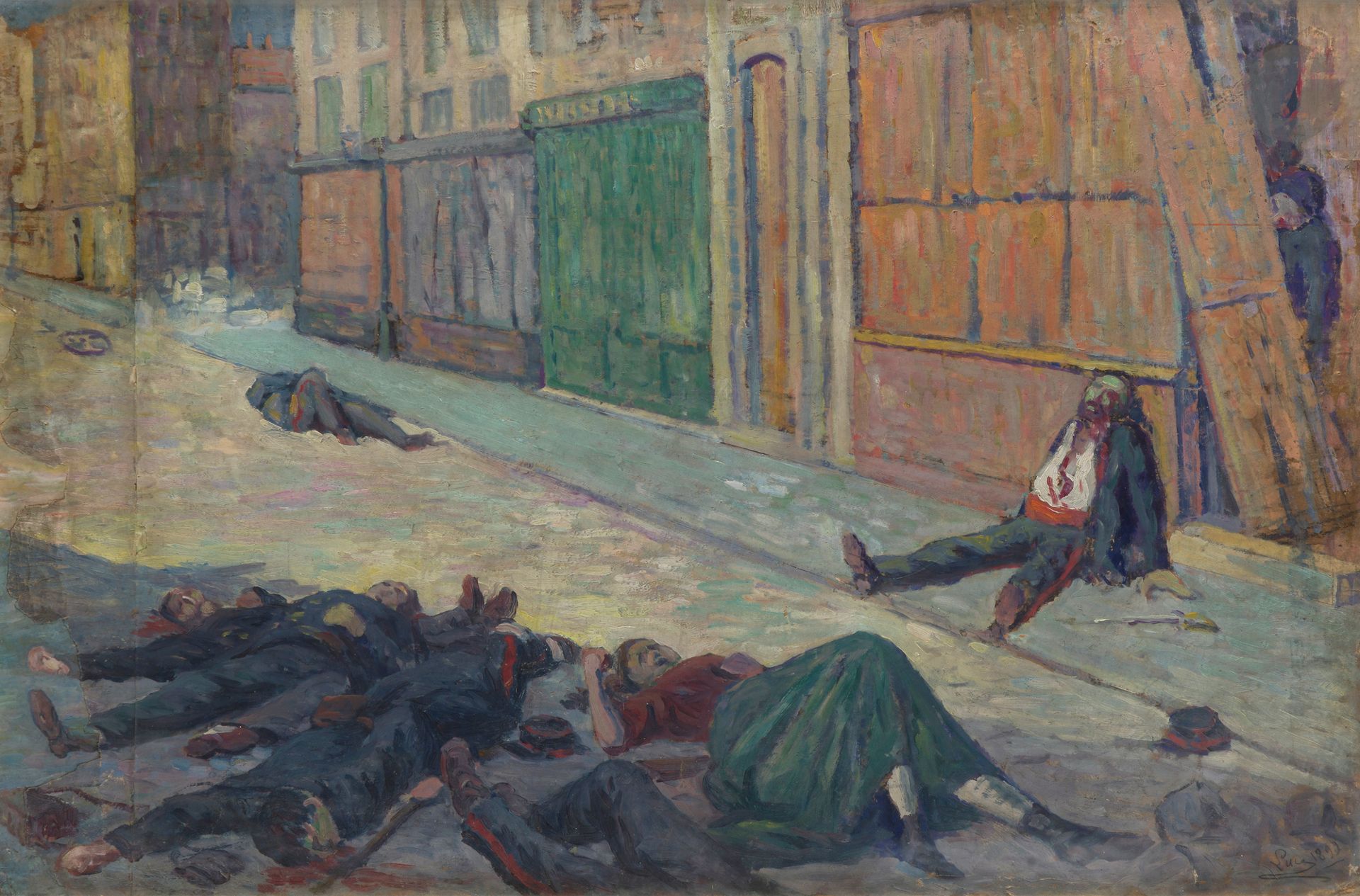 Maximilien LUCE (1858 - 1941)
Une rue de Paris en mai 1871, 1899
Huile sur papier monté sur carton.
Signée et datée en bas à droite.
(Restaurations, coupure verticale vers le bord gauche, manque).
48 x 71,5 cm

Provenance :
- Collection C.B., Paris.
- Collection particulière.

Bibliographie :
Jean Bouin-Luce, Denise Bazetoux, Tome II, Maximilien Luce Catalogue Raisonné de l’œuvre peint, Éditions JBL, 1986, n°1681, reproduit p. 410.

 Notre étude est préparatoire à l’huile sur toile du même titre, réalisée entre 1903 et 1905, aujourd’hui conservée au Musée d’Orsay (RF 1977 235).
