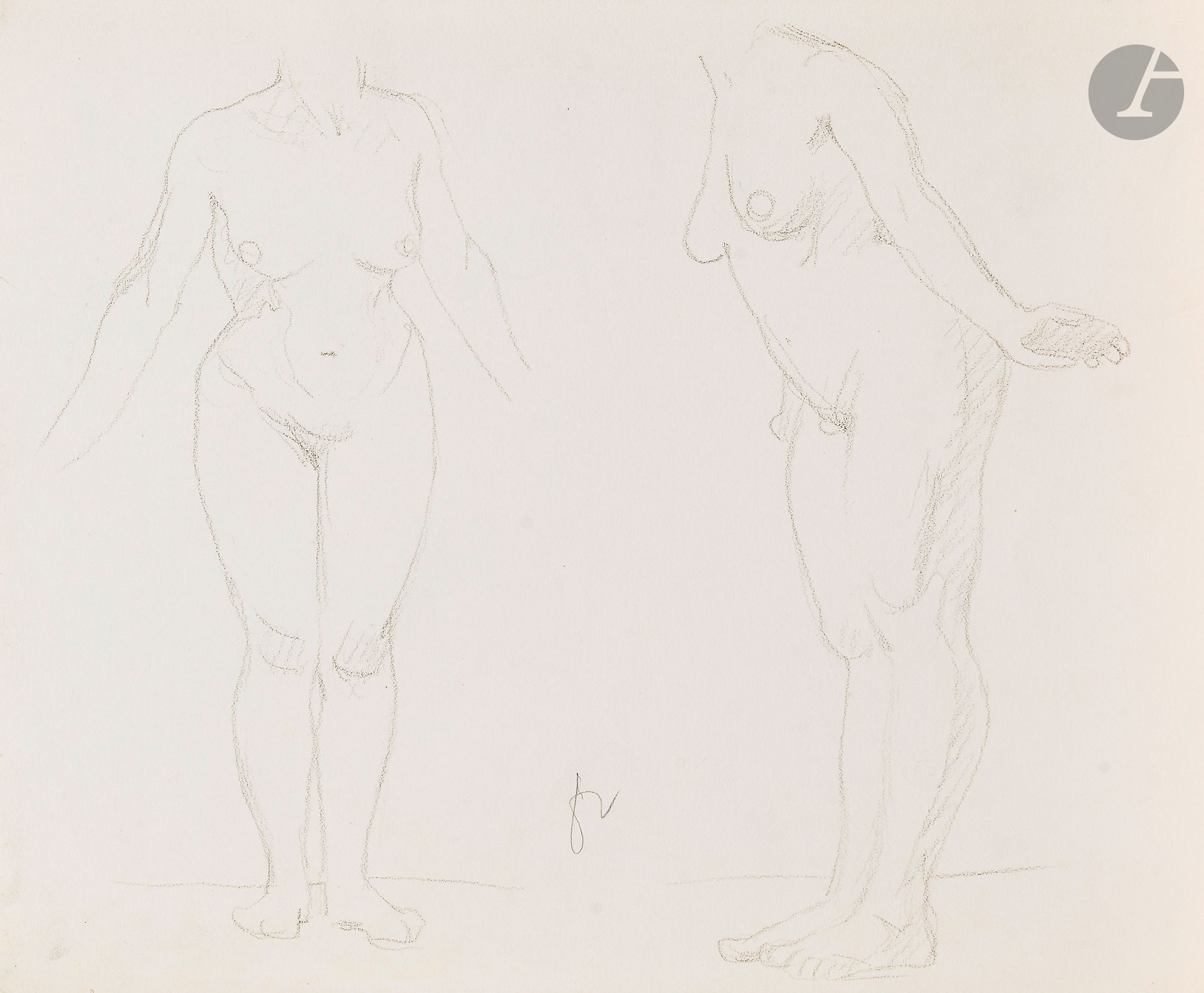 Félix VALLOTTON (1865 - 1925)
Études de femme nue
Crayon noir.
Monogrammé en pied.
(Légers manques sur le bord inférieur).
24 x 29 cm

Provenance:
- Gabrielle Vallotton, née Bernheim, épouse de Félix Vallotton.
- Madeleine Lecomte du Noüy, née Rodrigues-Henriques, fille de Gabrielle Vallotton et belle-fille de Félix Vallotton. Par descendance.
- Isabelle Lecasble, née Lecomte du Noüy, fille de Madeleine Lecomte du Noüy (son cachet au dos). Par descendance.

Nous remercions Madame Katia Poletti, conservatrice de la Fondation Félix Vallotton pour les informations qu’elle nous a transmises.


Les dessins que nous présentons proviennent de la collection d’Isabelle Lecomte du Noüy et ont été hérités de sa grand-mère, Gabrielle Bernheim. Celle-ci avait épousé en secondes noces le peintre Félix Vallotton, figure majeure du groupe des Nabis et proche d’Édouard Vuillard. 

L’ensemble comprend de nombreuses études de nus, ainsi que plusieurs feuilles préparatoires d’œuvres peintes. Parmi celles-ci figurent notamment une étude pour Femme nue de dos blonde (1907), une étude pour Femme assise de dos (1915) conservé au Kunstmuseum de Luzern, ainsi qu’une étude en relation avec le tableau Vue d’Avignon (1920). Ces feuilles révèlent le processus créatif de Vallotton : l’artiste y explore les attitudes des figures, met en place la composition et l’équilibre des formes, tout en inscrivant directement sur le papier des annotations de couleurs destinées à guider l’élaboration de la peinture.

Cet ensemble, demeuré au sein d’une famille étroitement liée au nabisme et à ses représentants, apparaît aujourd’hui comme un témoignage particulièrement précieux. Afin d’en matérialiser la provenance, un cachet de collection aux initiales d’Isabelle Lecomte du Noüy a été apposé au verso de chacun des dessins.