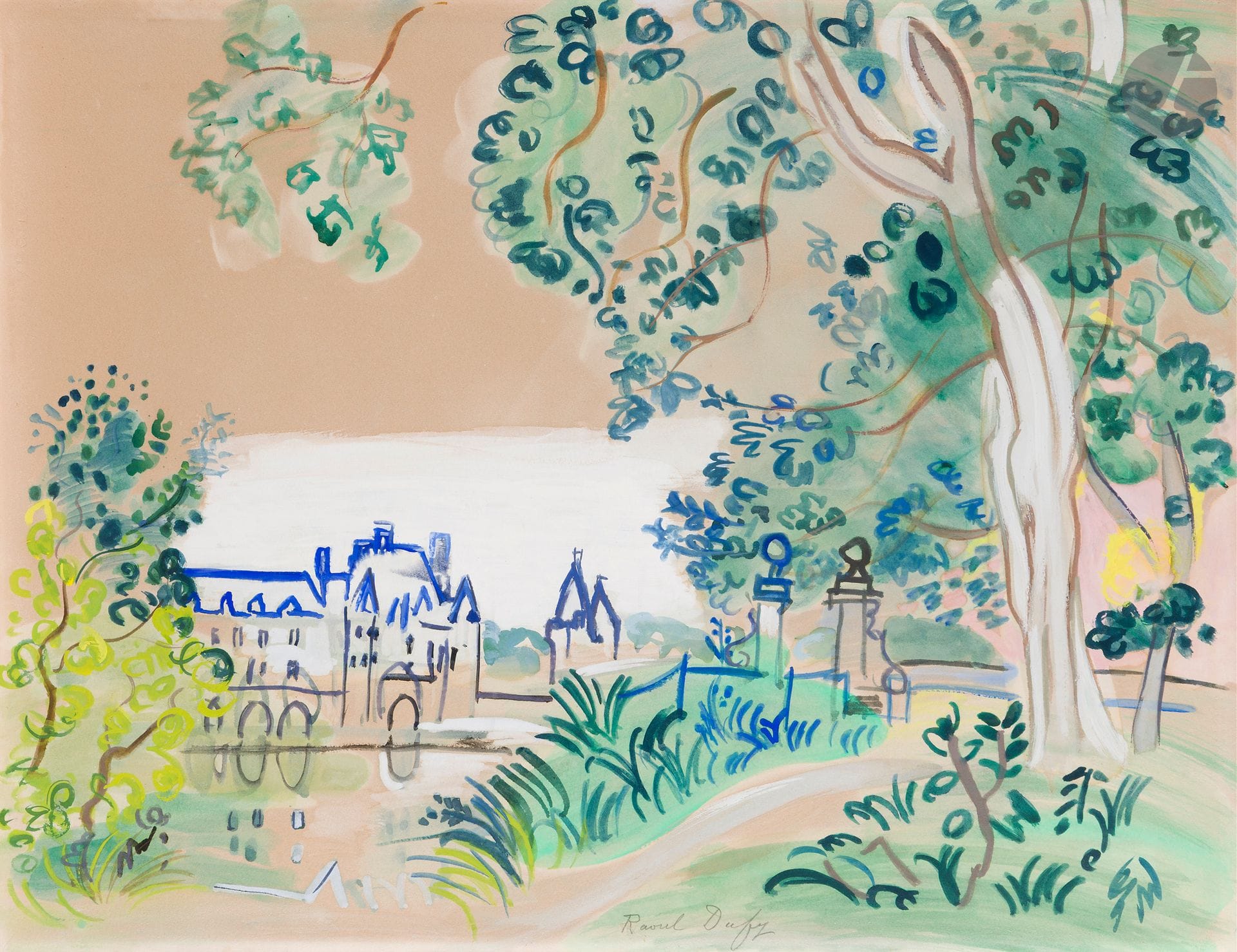 Raoul DUFY (1877 - 1953)
Vue du Château de Chenonceau
Gouache et aquarelle.
Signée en pied.
(Insolé).
50 x 64 cm

Un certificat de Madame Fanny Guillon-Laffaille sera remis à l’acquéreur.
Cette œuvre sera incluse au Catalogue raisonné en ligne.