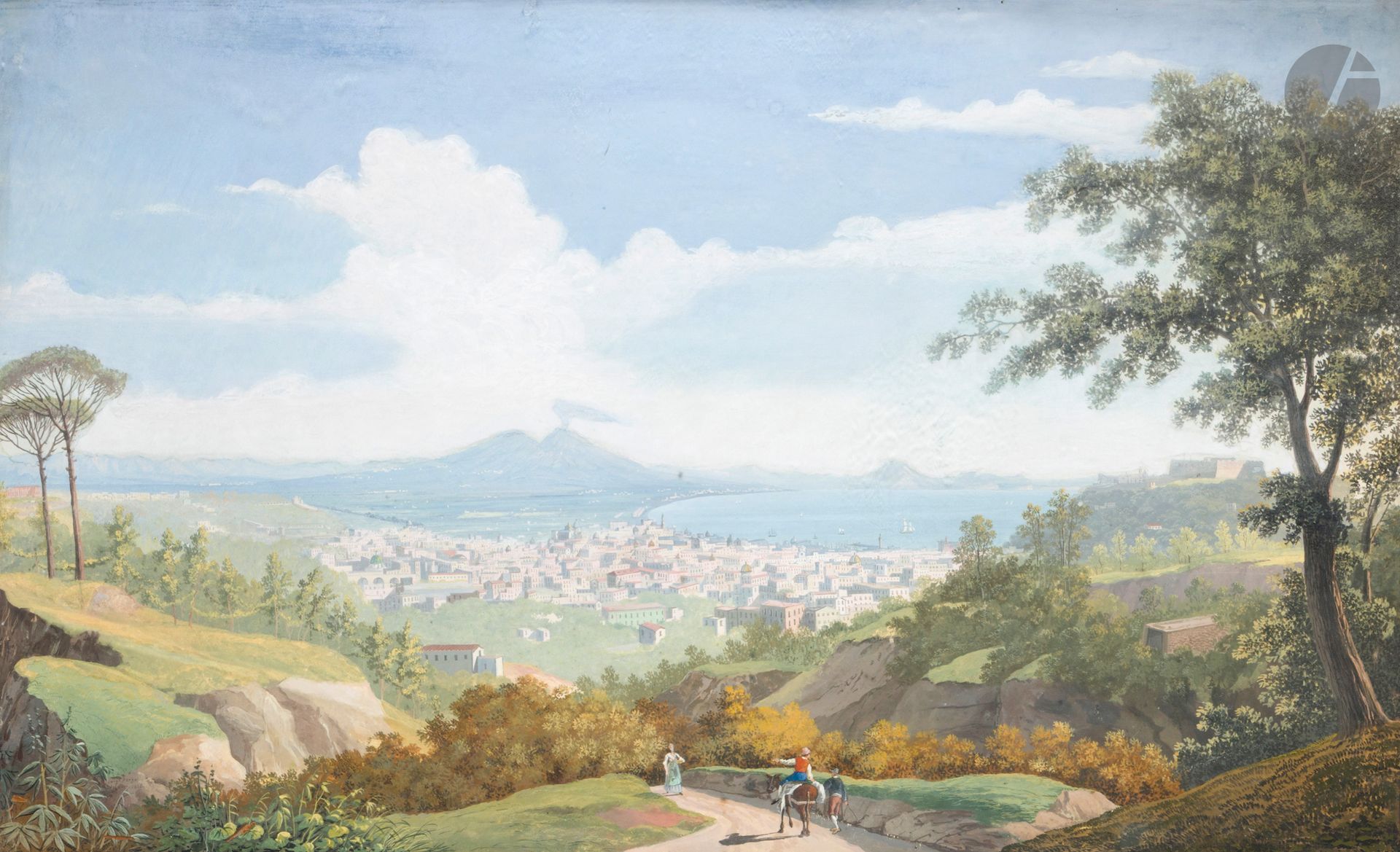 Luigi FERGOLA (Naples 1768 - 1835) 
Paires de vues de Naples, 1816 et 1817
Gouaches.
Signées et datées en bas à gauche 1816 et 1817.
(Taches et mouillures, collées en plein).
68 x 93 cm